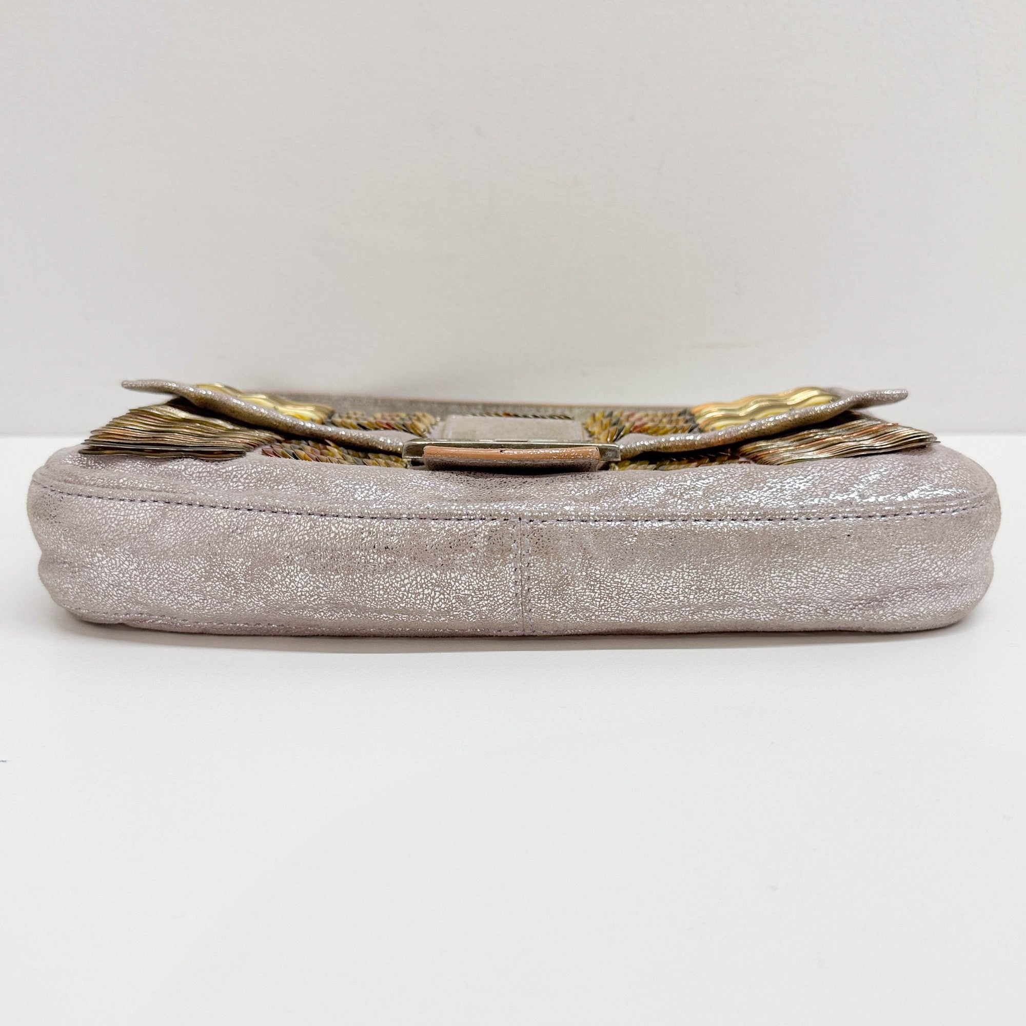 Baguette Embellished Metallics Silver Leather Shoulder Bag