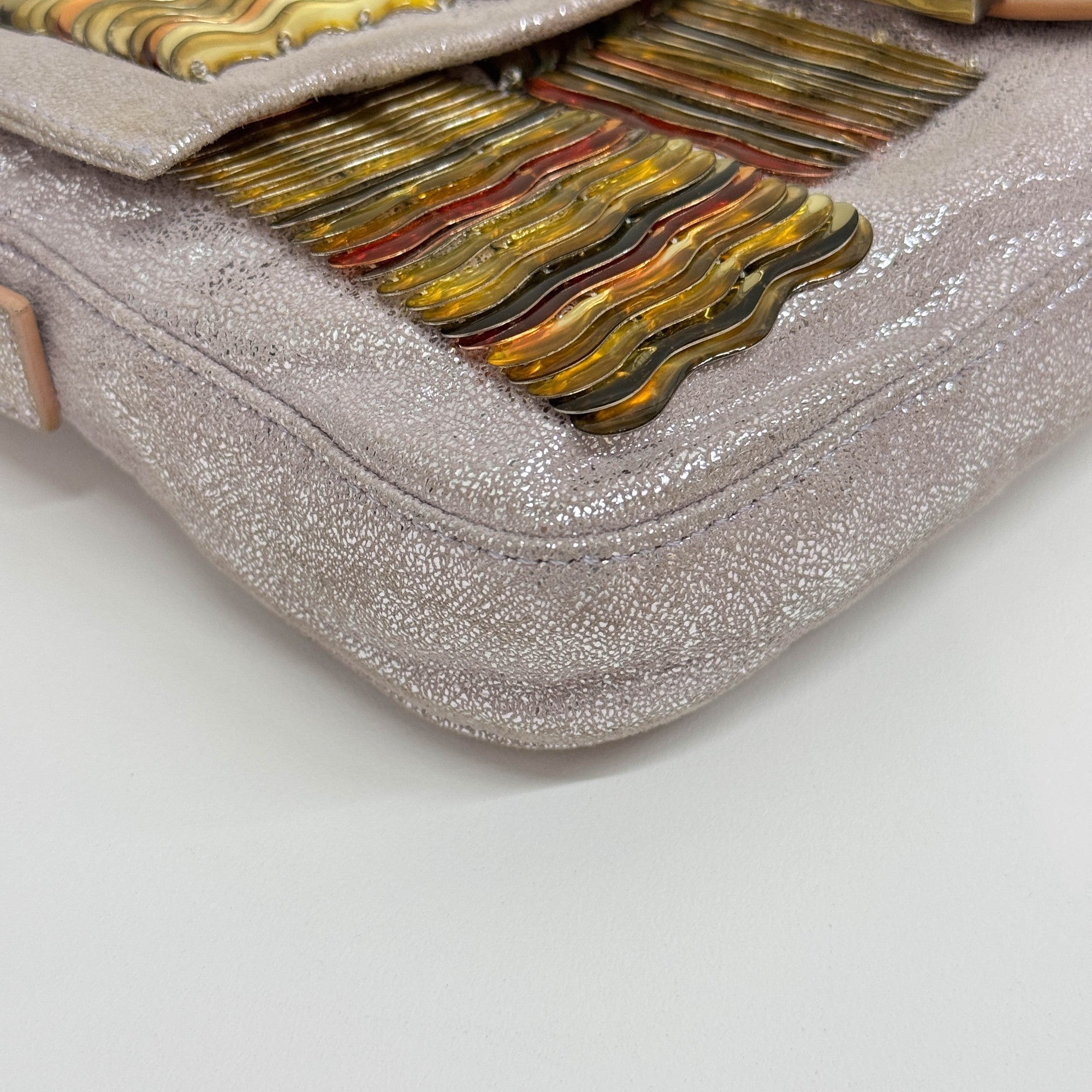 Baguette Embellished Metallics Silver Leather Shoulder Bag