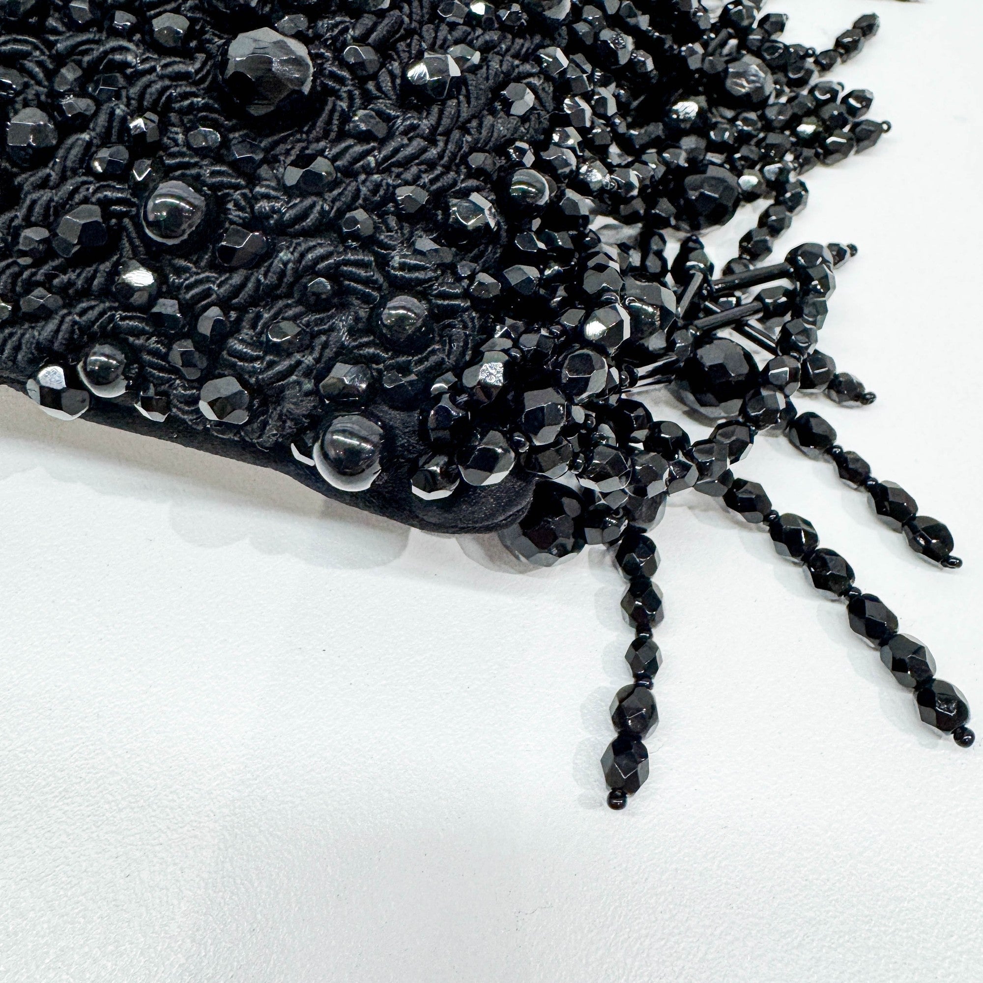 Black Beaded Fringe Satin Clutch