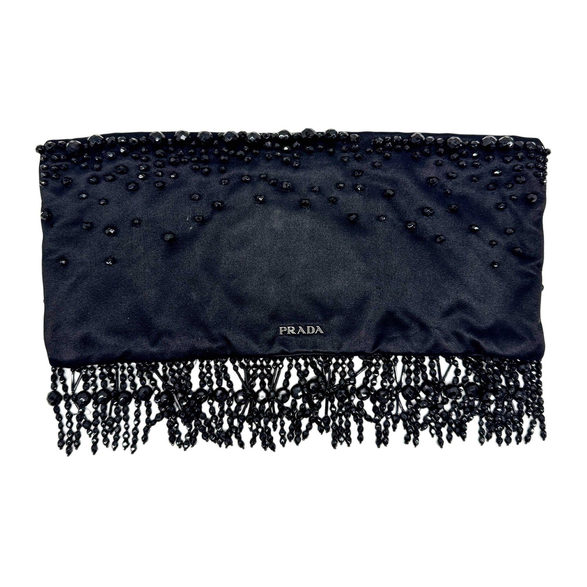 Black Beaded Fringe Satin Clutch