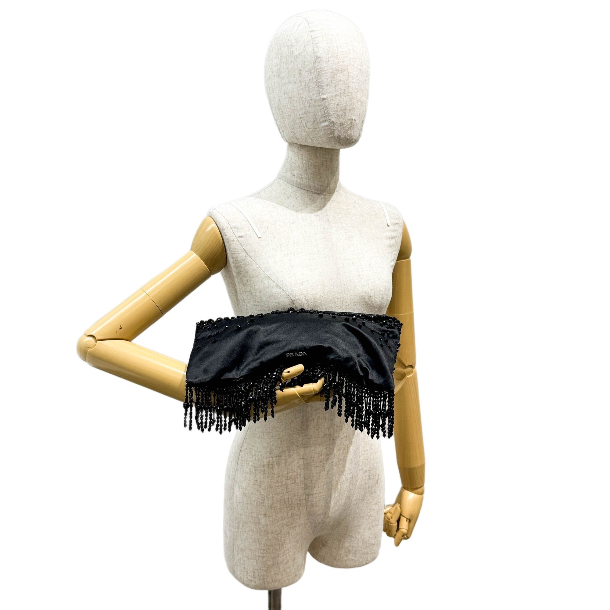 Black Beaded Fringe Satin Clutch