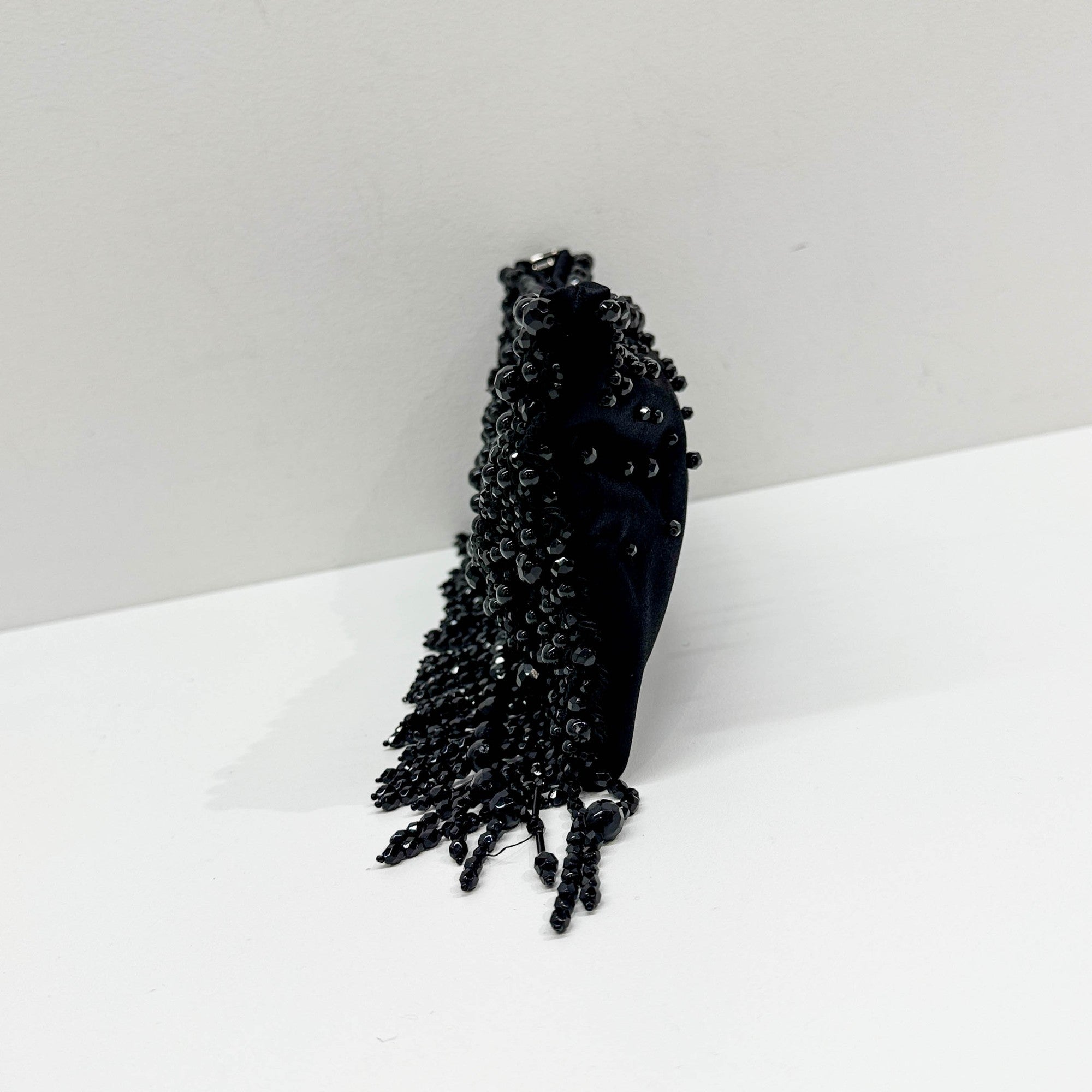 Black Beaded Fringe Satin Clutch