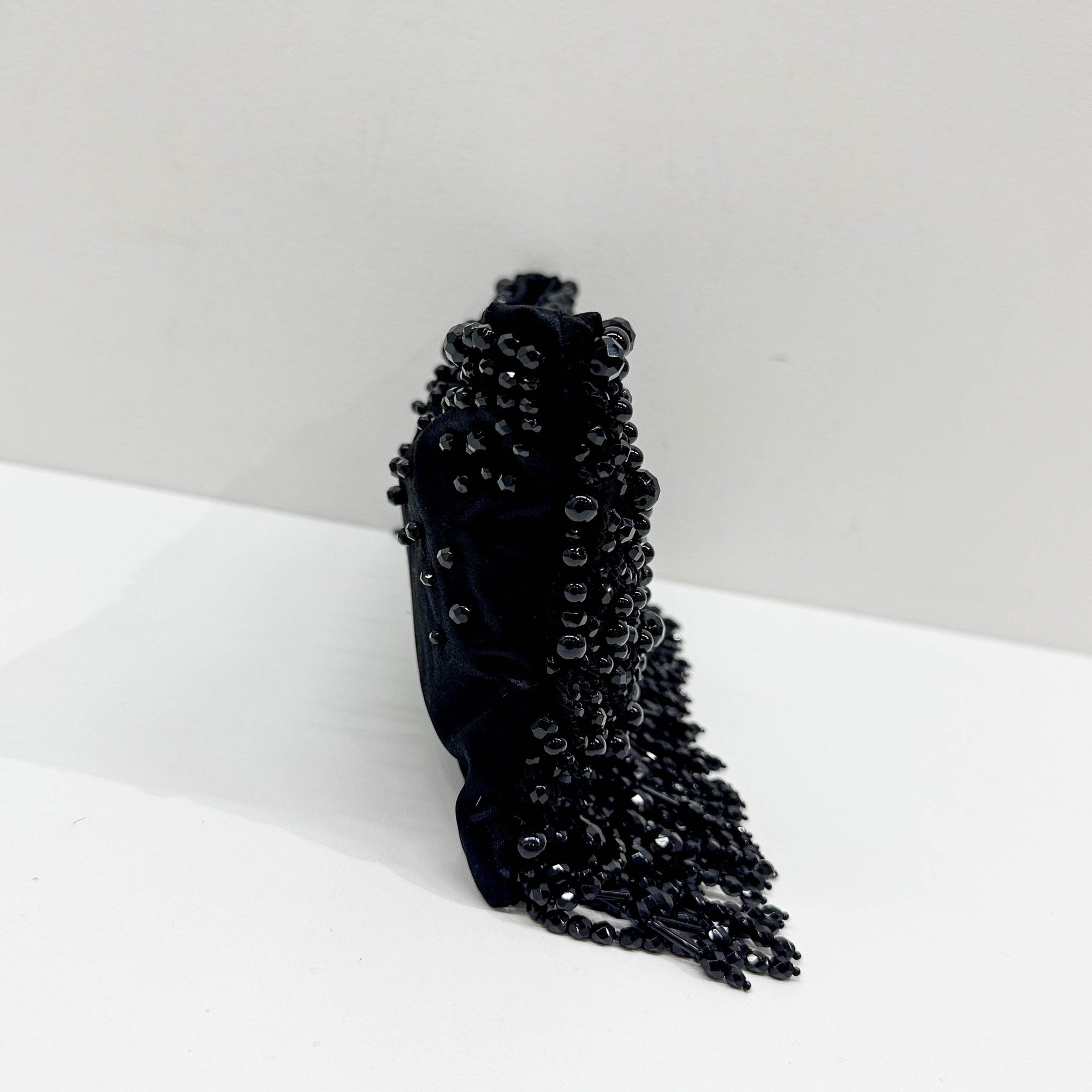 Black Beaded Fringe Satin Clutch