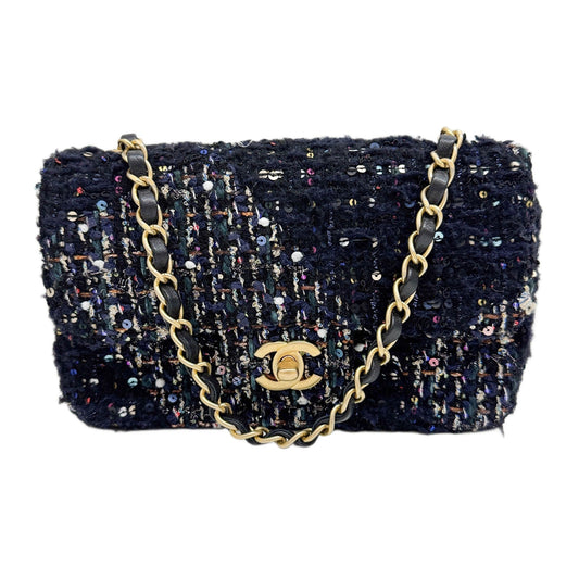 Mini Classic Flap Glitter Navy Blue Tweed Shoulder Bag
