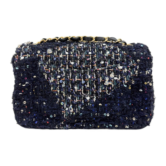 Mini Classic Flap Glitter Navy Blue Tweed Shoulder Bag