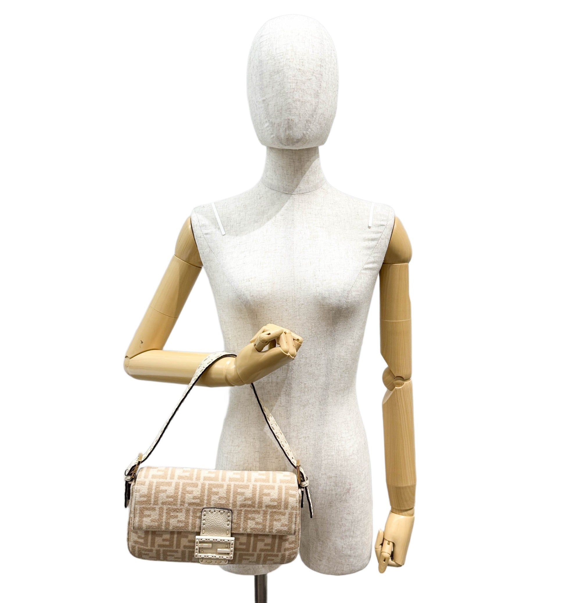 Baguette Beige Zucca Canvas Wool Shoulder Bag
