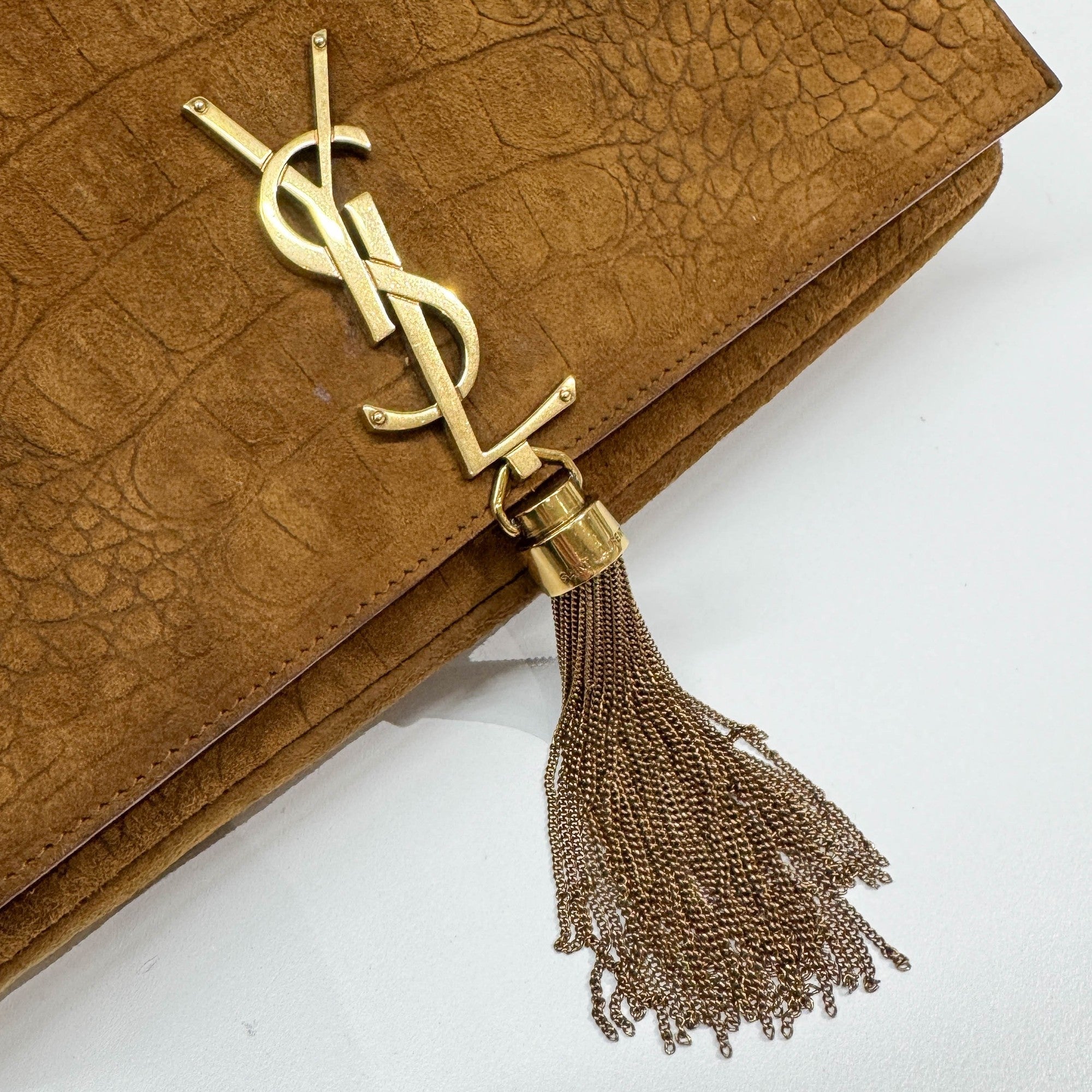 Brown Crocodile Embossed Nubuck Leather Shoulder Bag