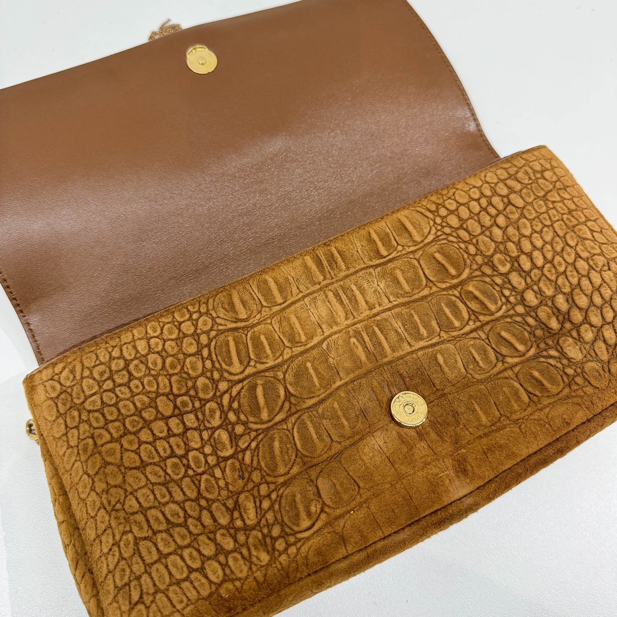 Brown Crocodile Embossed Nubuck Leather Shoulder Bag