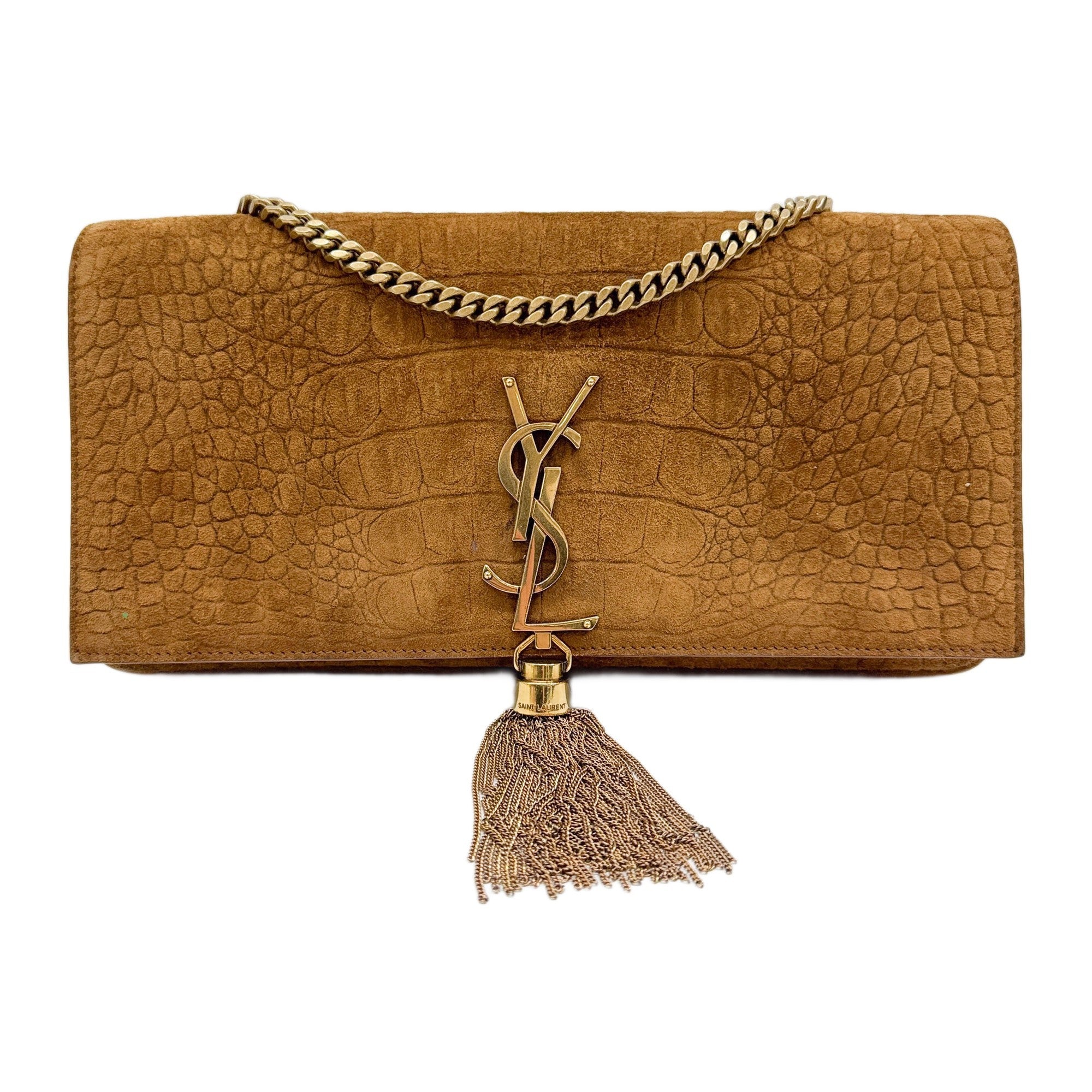 Brown Crocodile Embossed Nubuck Leather Shoulder Bag