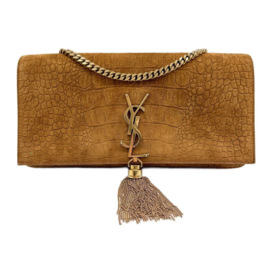 Brown Crocodile Embossed Nubuck Leather Shoulder Bag