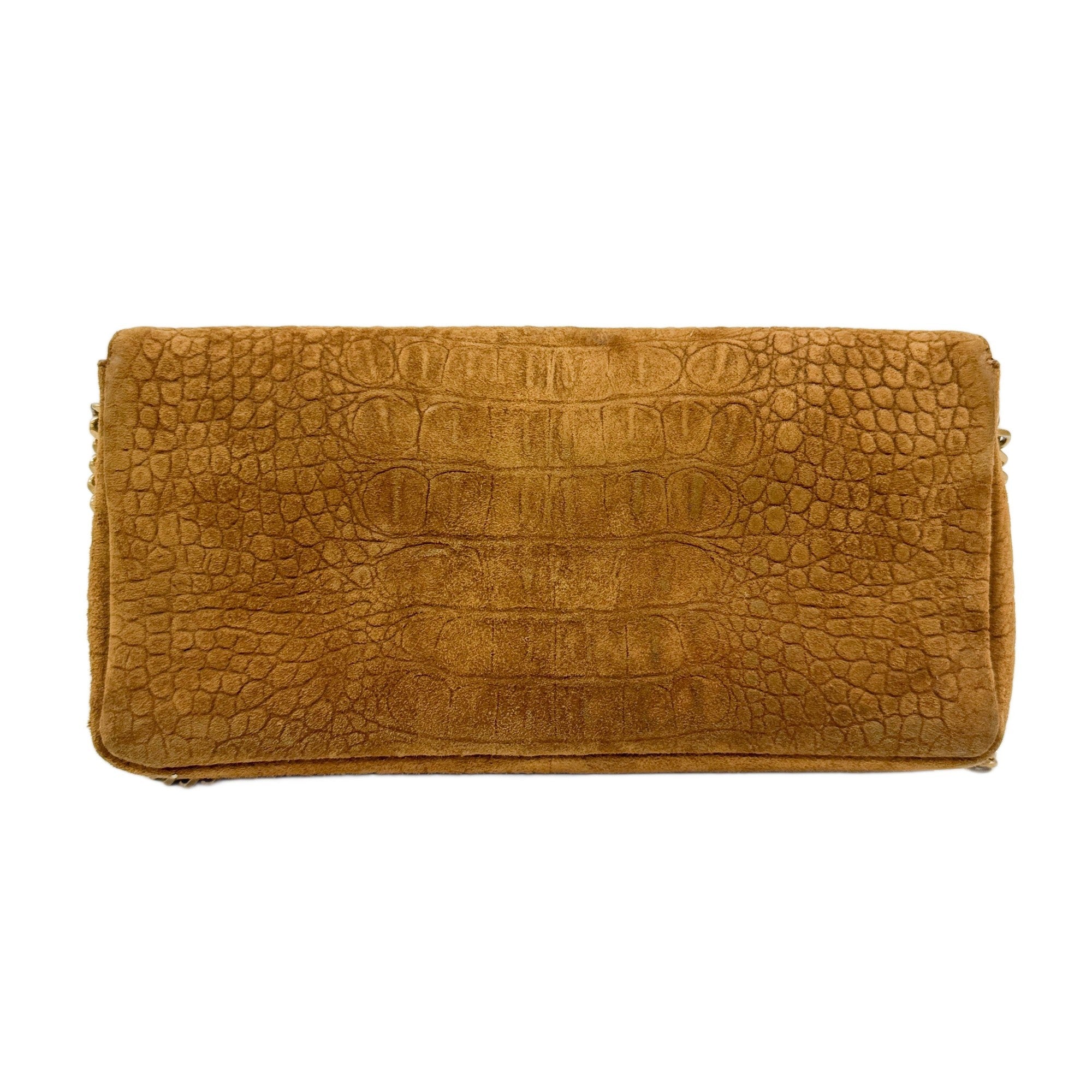 Brown Crocodile Embossed Nubuck Leather Shoulder Bag