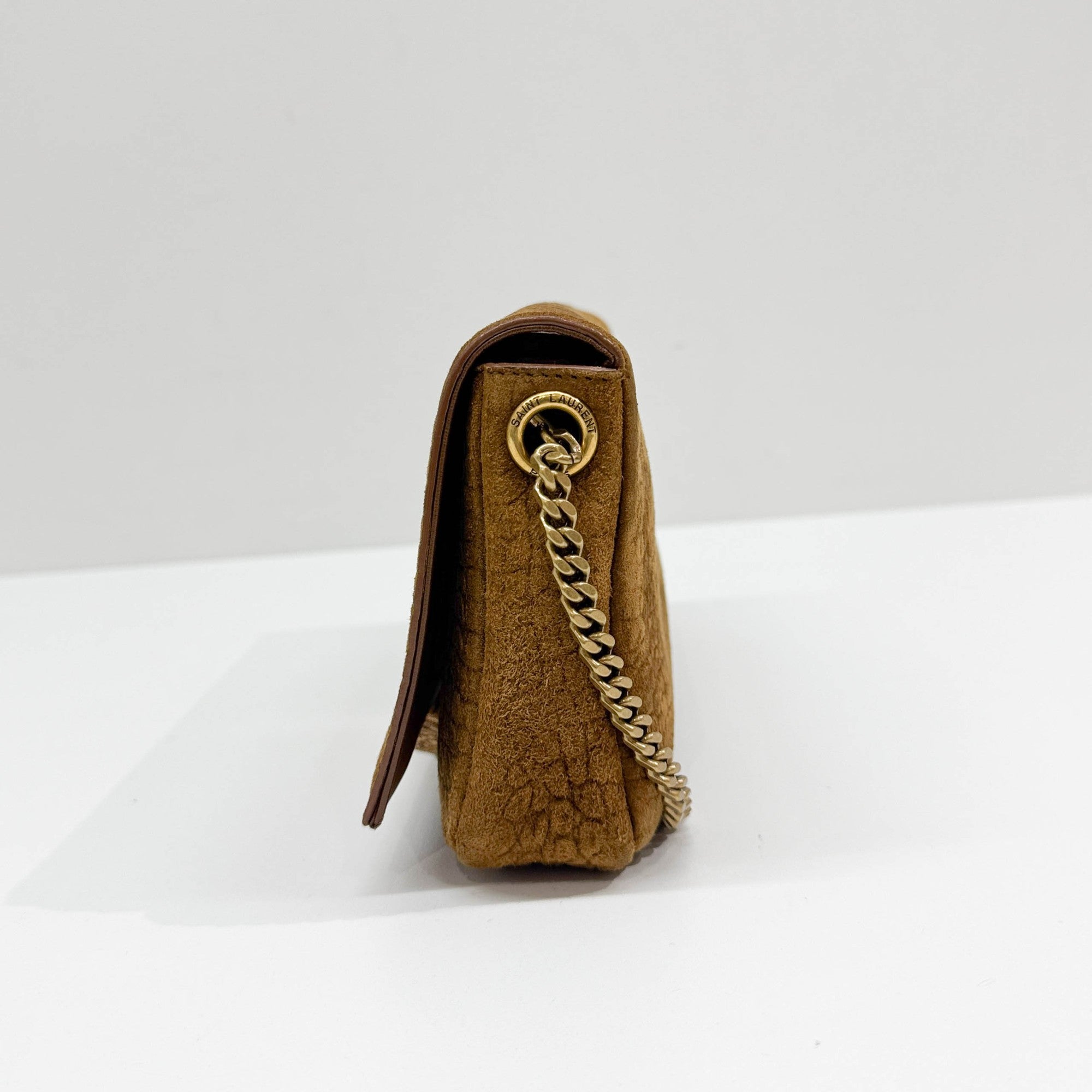 Brown Crocodile Embossed Nubuck Leather Shoulder Bag