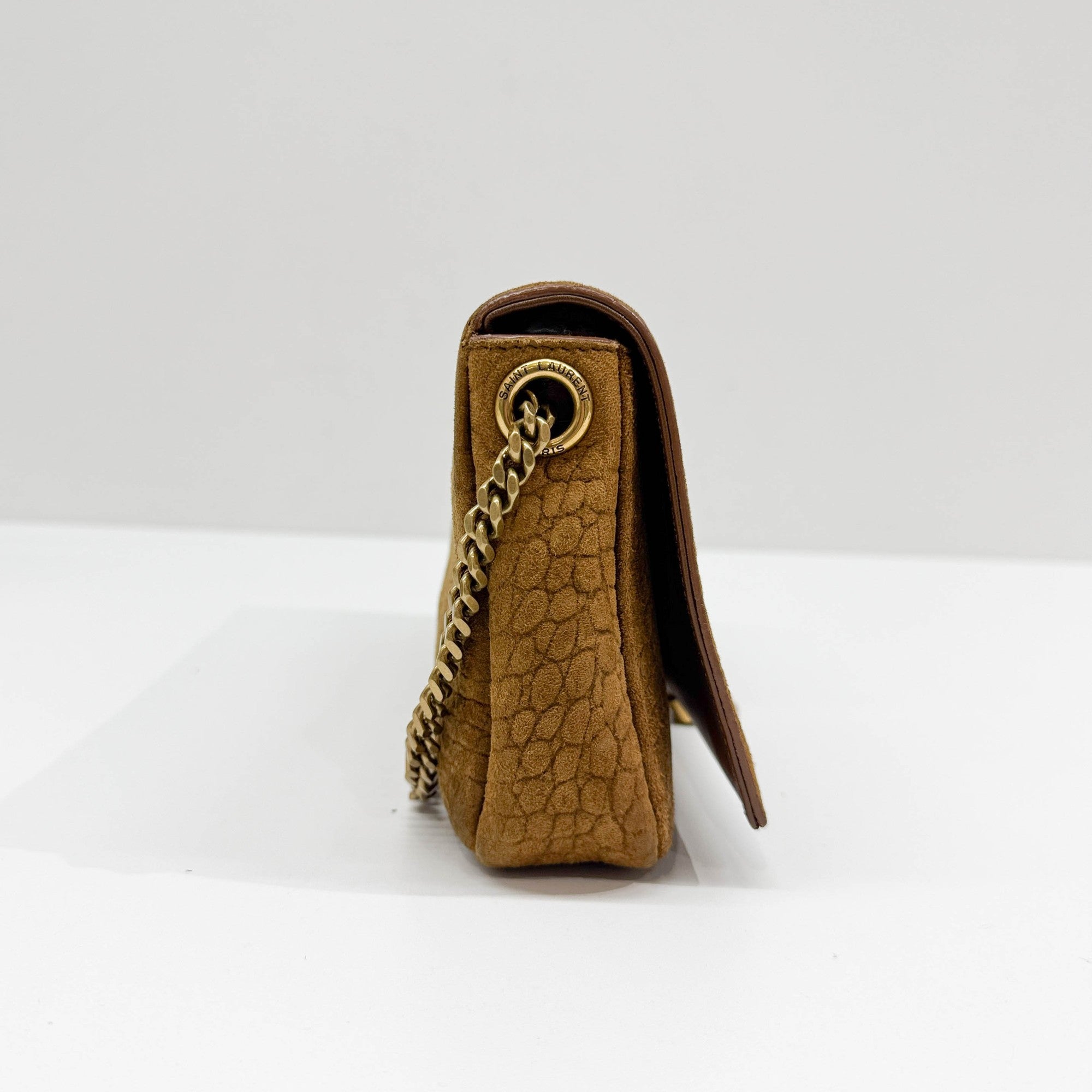 Brown Crocodile Embossed Nubuck Leather Shoulder Bag