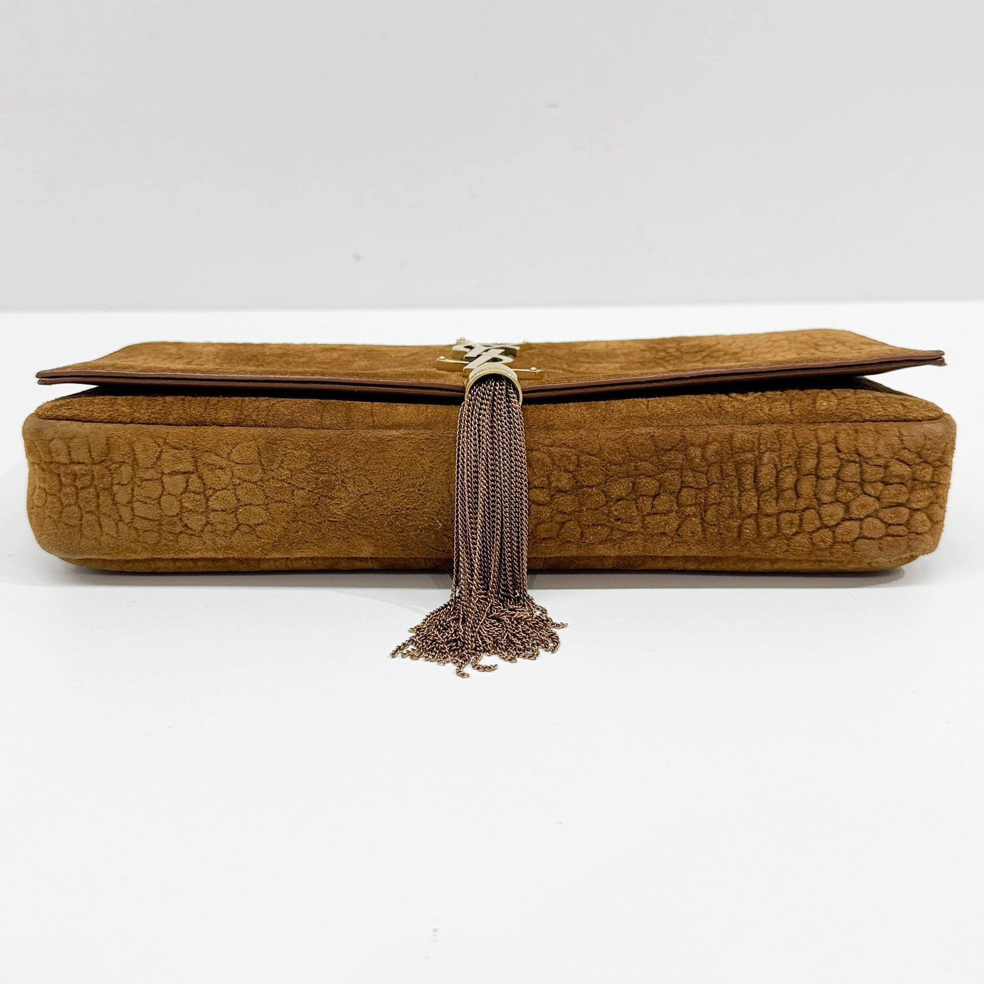 Brown Crocodile Embossed Nubuck Leather Shoulder Bag