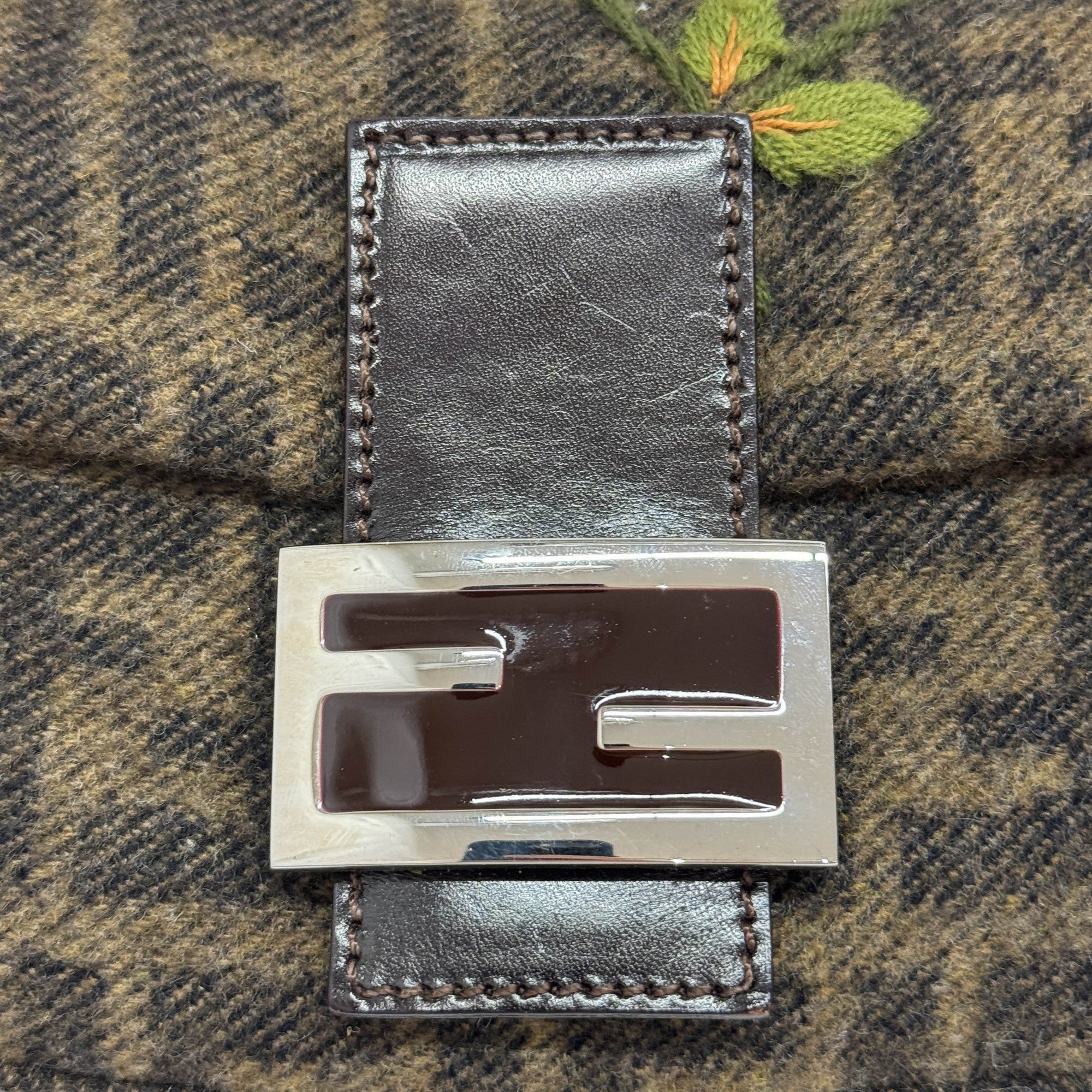 Baguette Embroidery Brown Zucca Canvas Wool Shoulder Bag