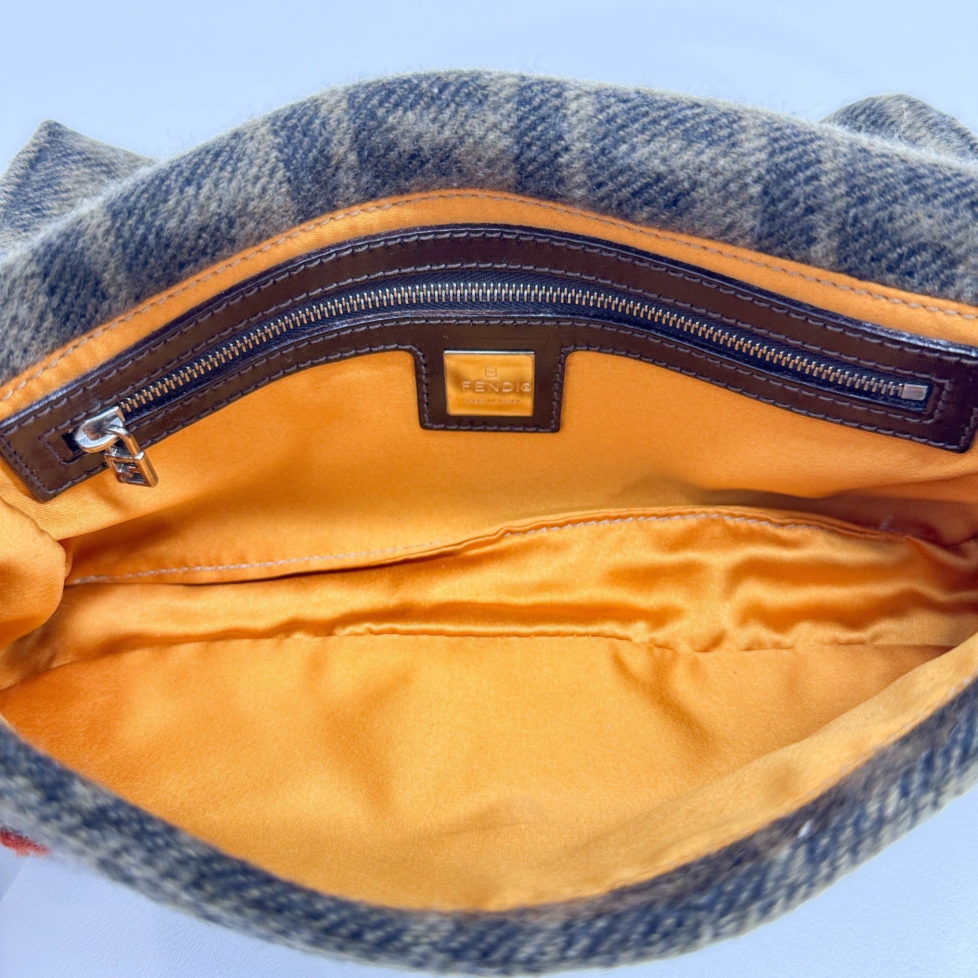 Baguette Embroidery Brown Zucca Canvas Wool Shoulder Bag
