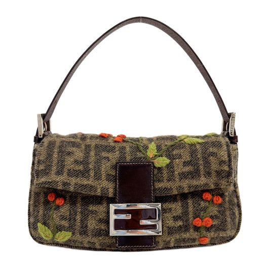 Baguette Embroidery Brown Zucca Canvas Wool Shoulder Bag