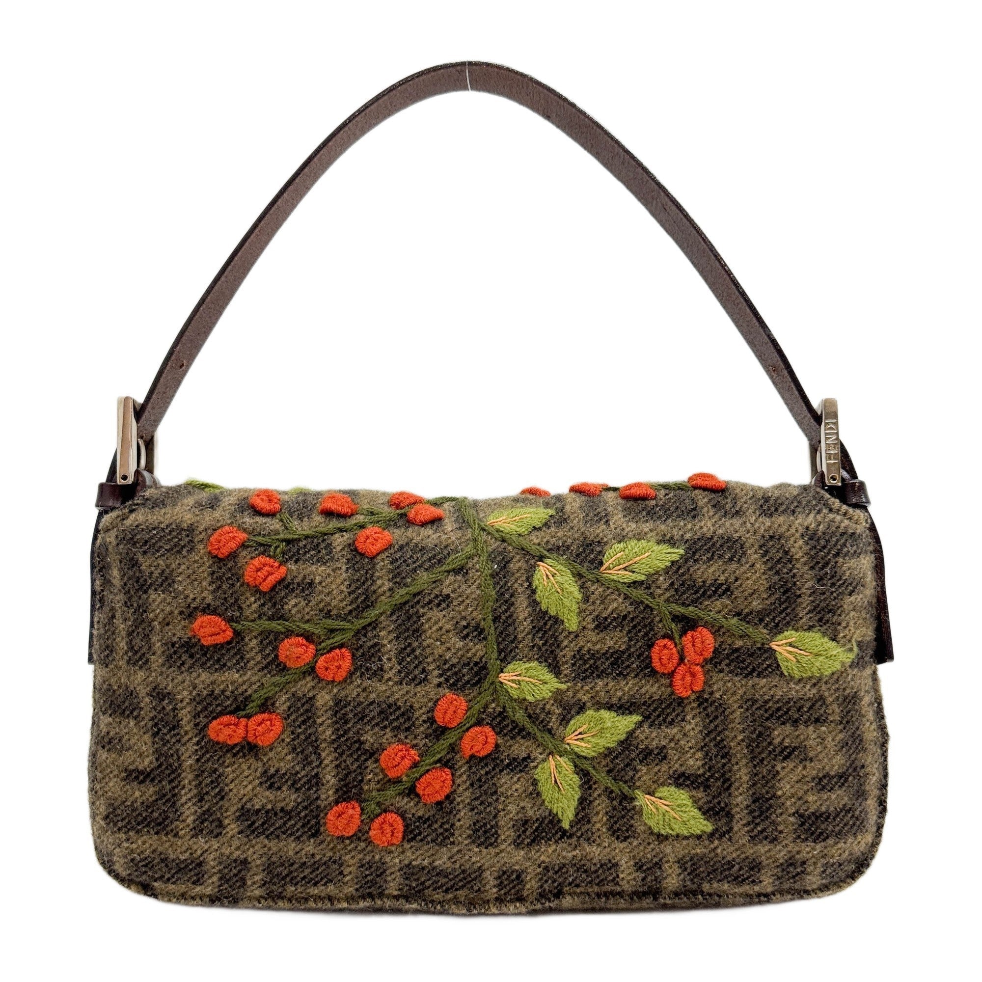 Baguette Embroidery Brown Zucca Canvas Wool Shoulder Bag
