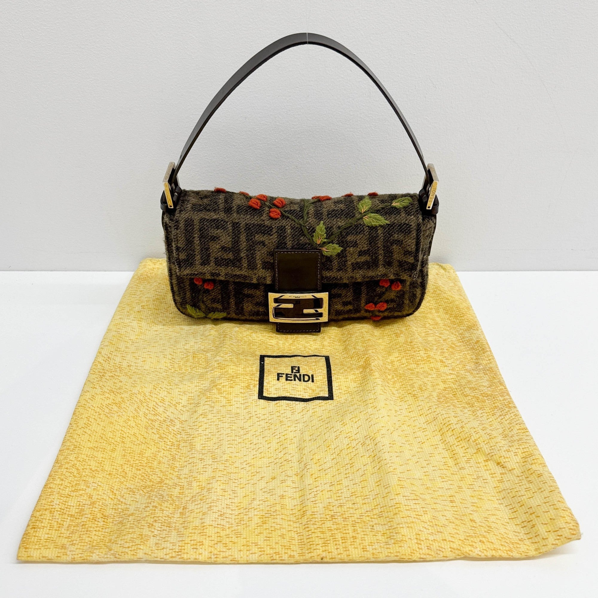 Baguette Embroidery Brown Zucca Canvas Wool Shoulder Bag