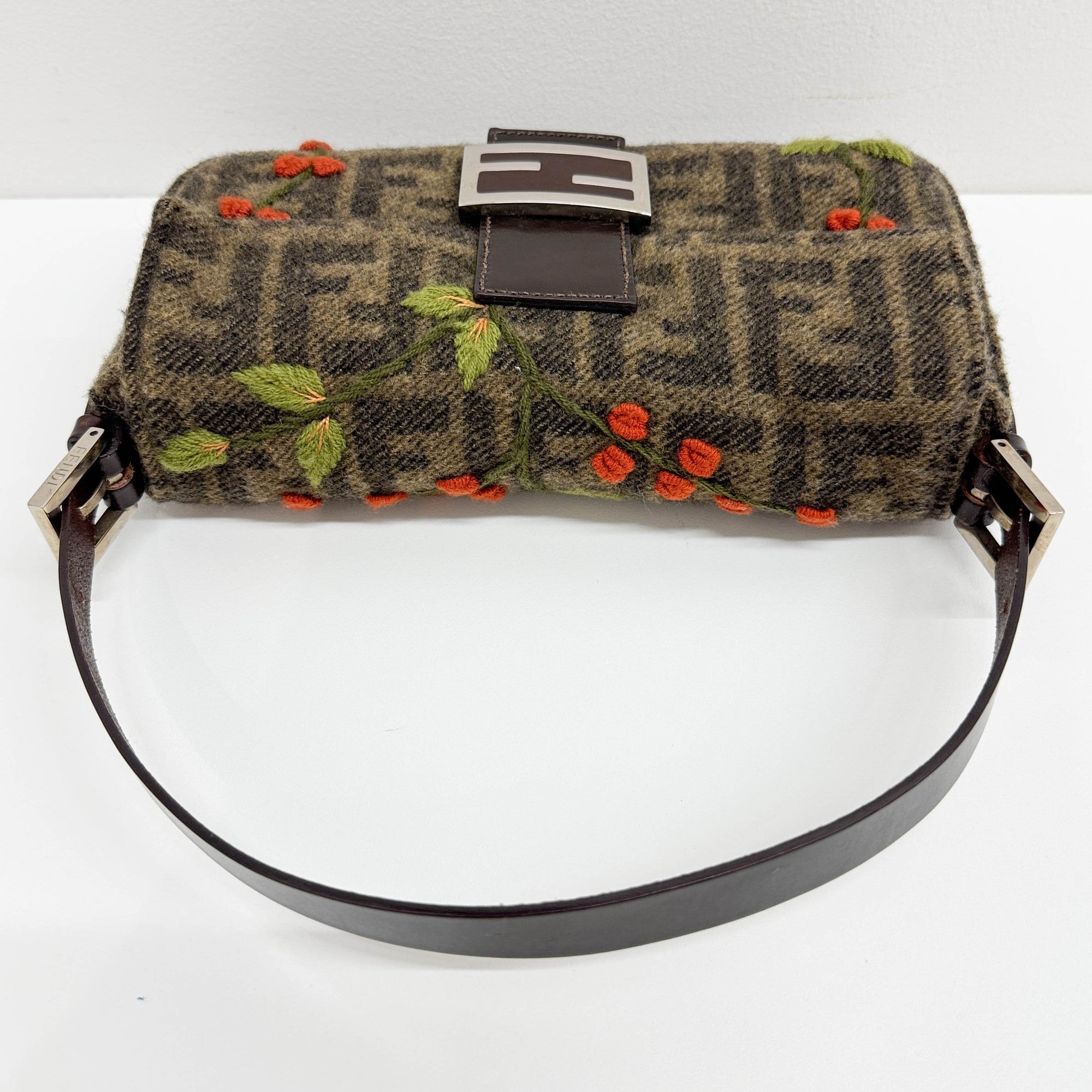 Baguette Embroidery Brown Zucca Canvas Wool Shoulder Bag