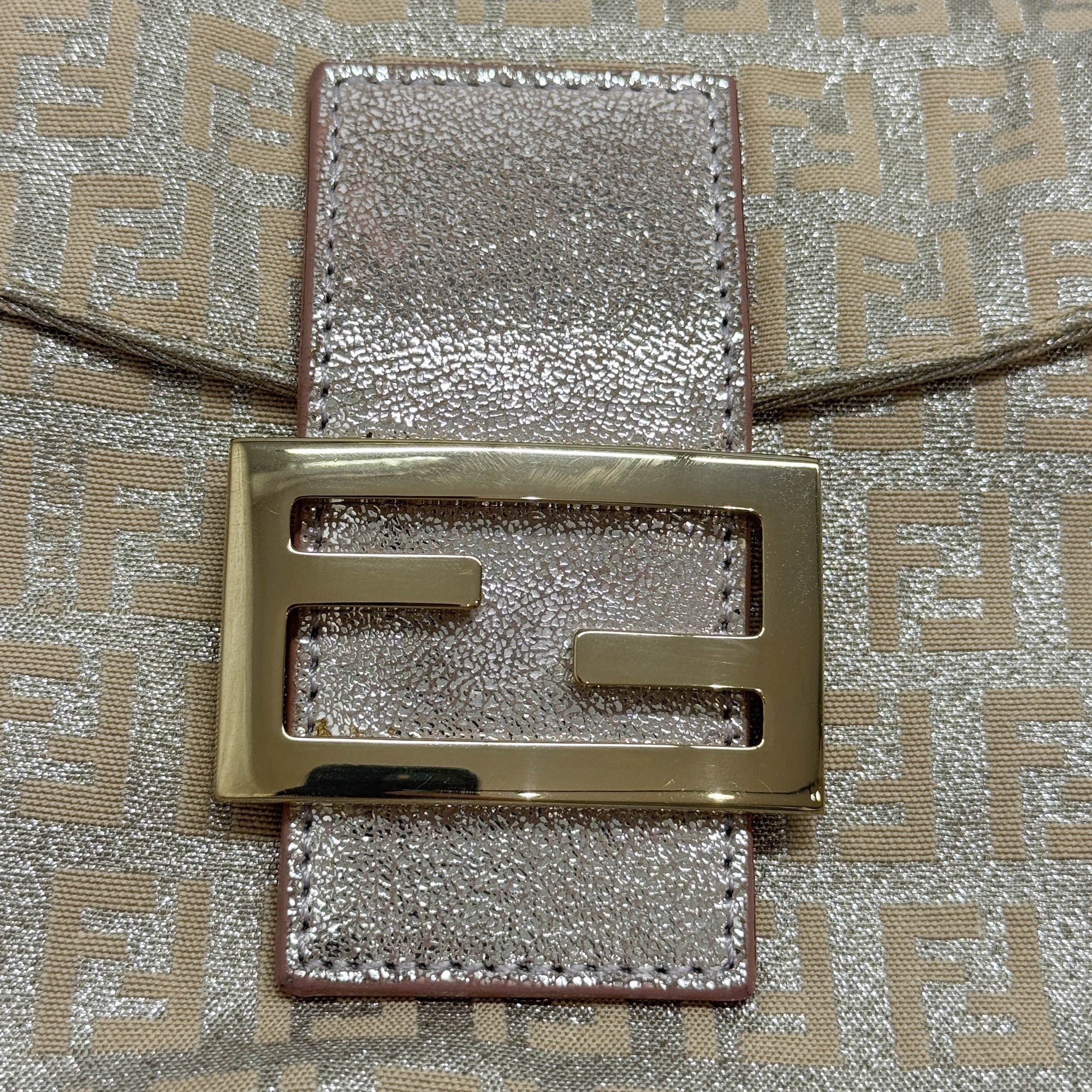 Baguette Beige & Silver Glitter Zucca Canvas Shoulder Bag