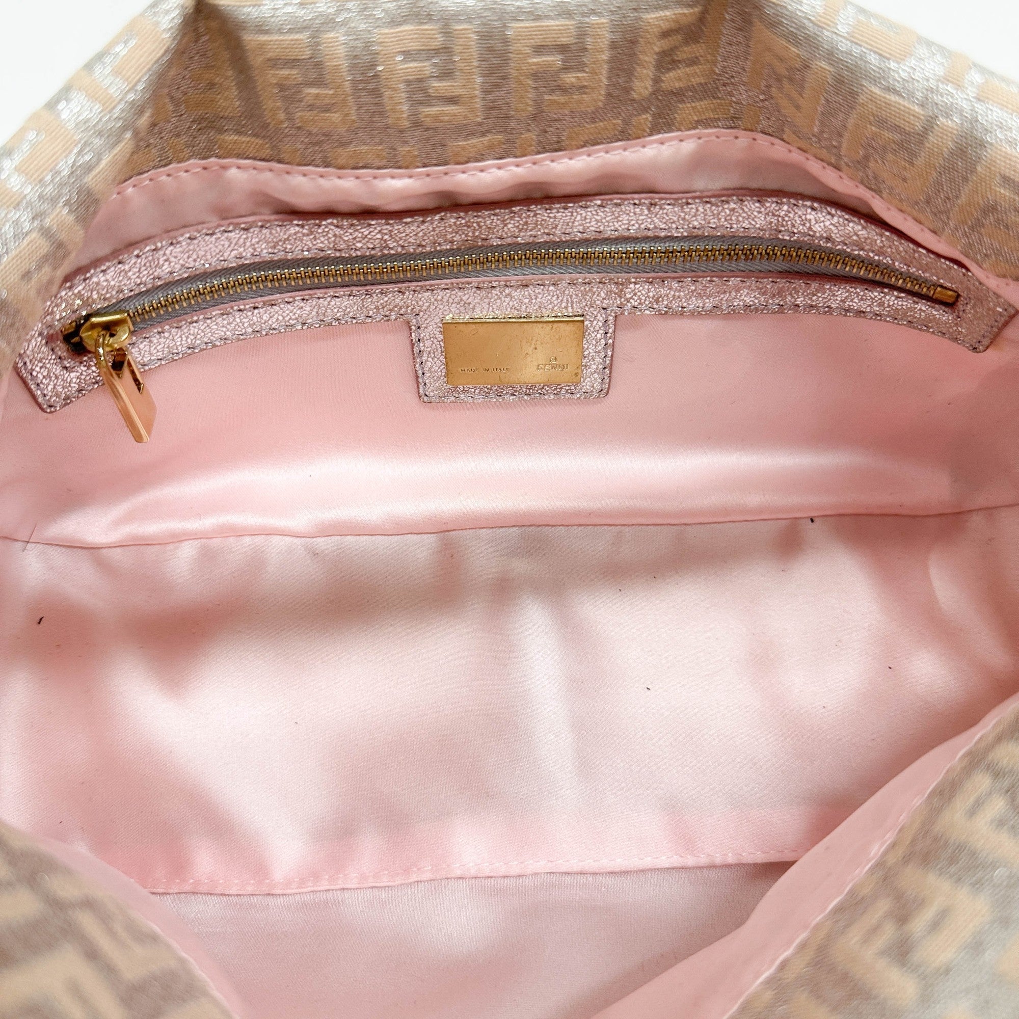 Baguette Beige & Silver Glitter Zucca Canvas Shoulder Bag