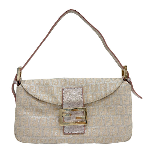 Baguette Beige & Silver Glitter Zucca Canvas Shoulder Bag