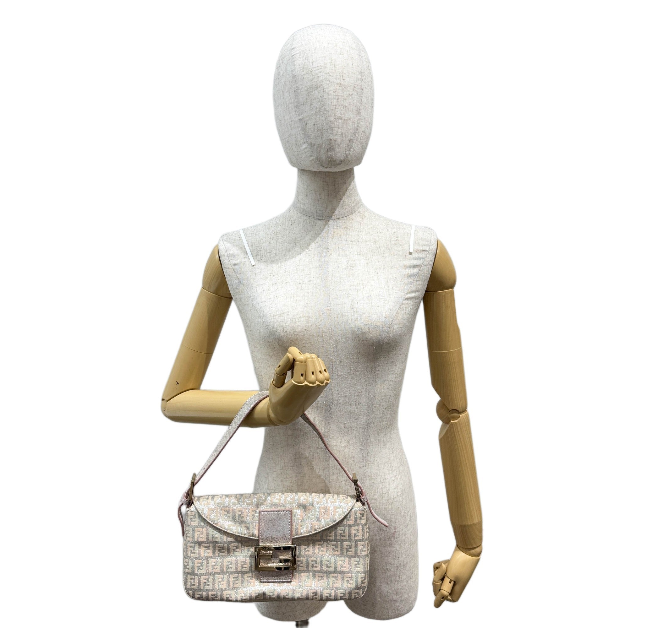 Baguette Beige & Silver Glitter Zucca Canvas Shoulder Bag