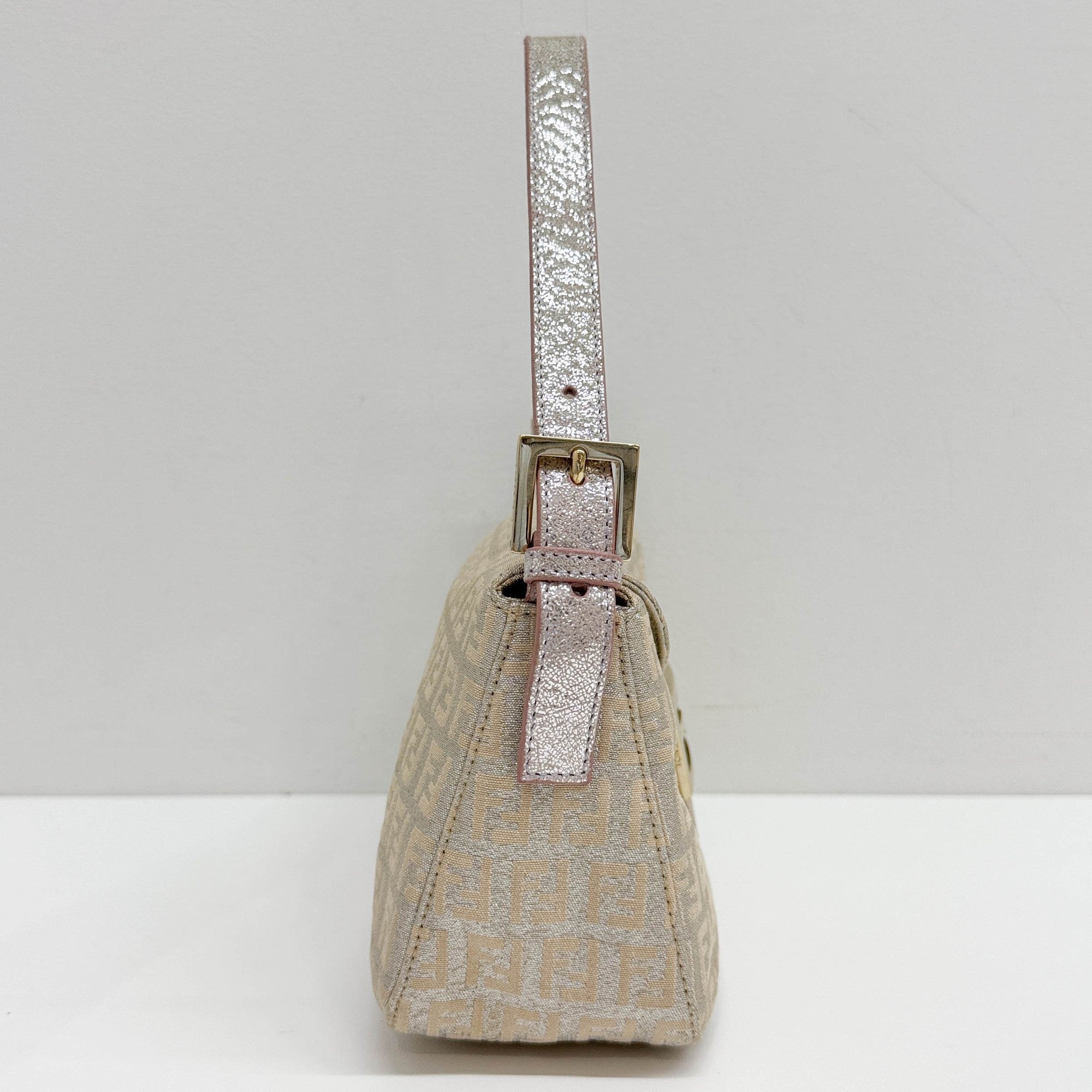 Baguette Beige & Silver Glitter Zucca Canvas Shoulder Bag