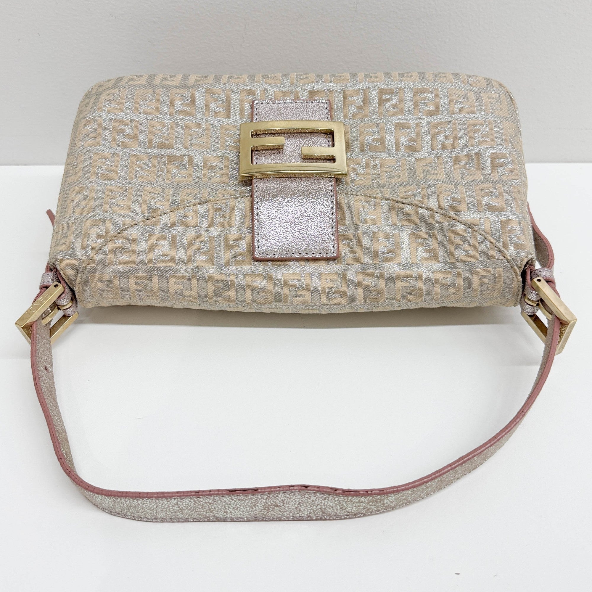 Baguette Beige & Silver Glitter Zucca Canvas Shoulder Bag