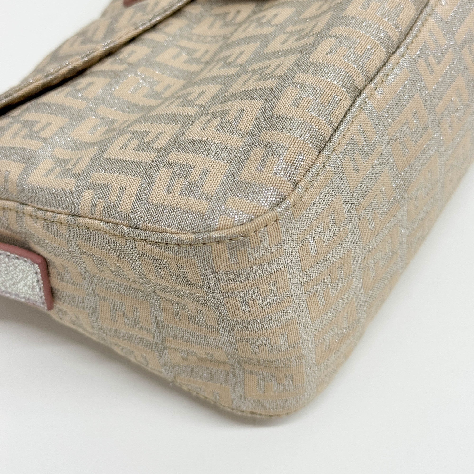 Baguette Beige & Silver Glitter Zucca Canvas Shoulder Bag