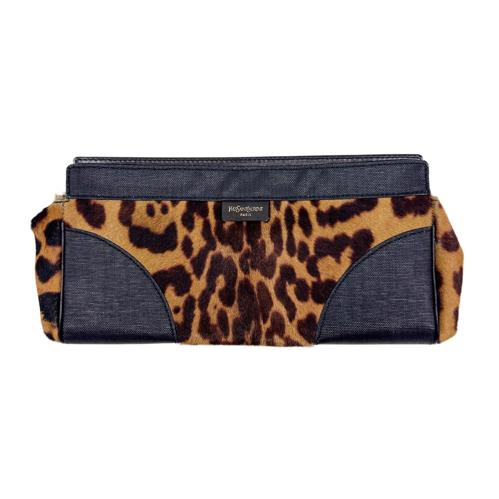 Black Leather Trim Brown Leopard Print Pony Hair Clutch Bag