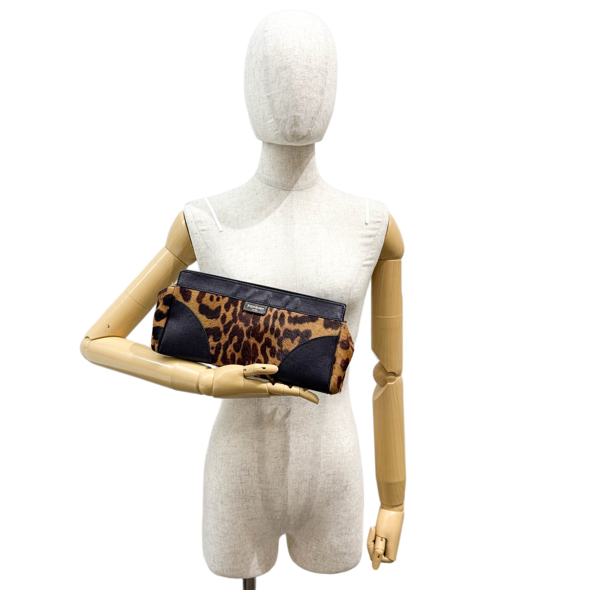 Black Leather Trim Brown Leopard Print Pony Hair Clutch Bag