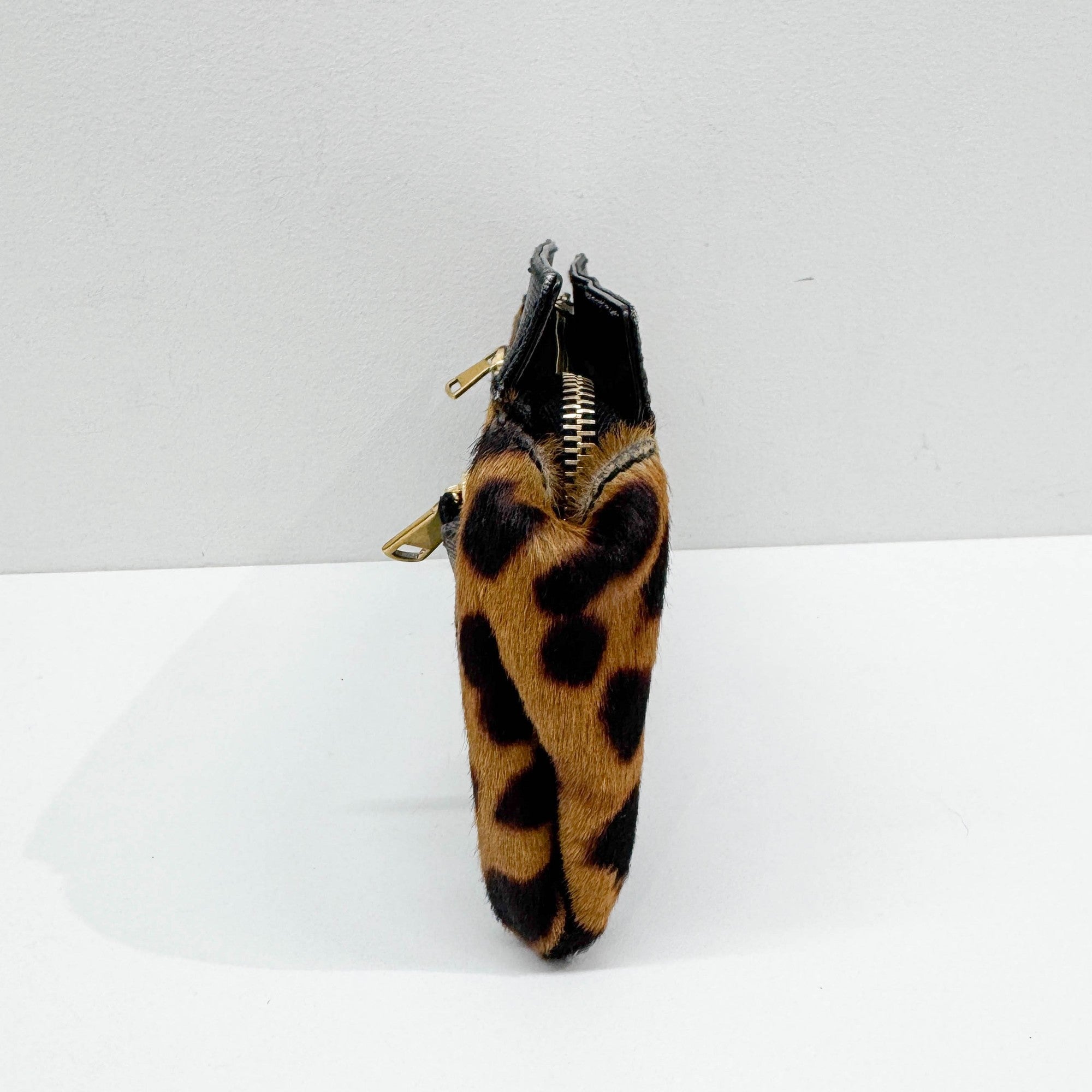 Black Leather Trim Brown Leopard Print Pony Hair Clutch Bag