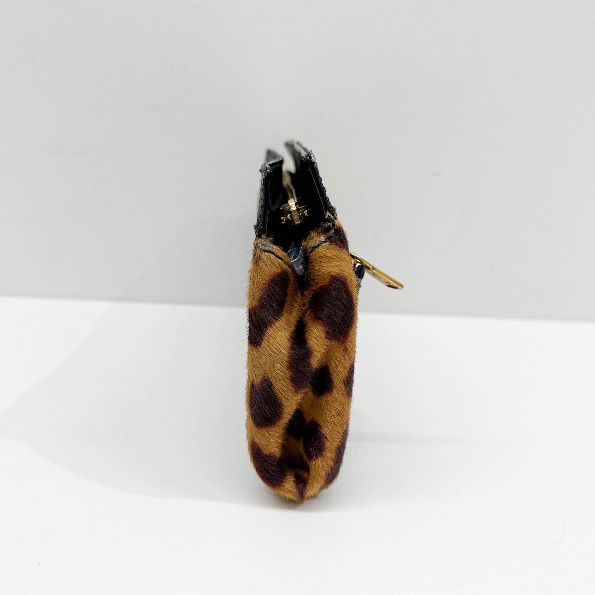 Black Leather Trim Brown Leopard Print Pony Hair Clutch Bag