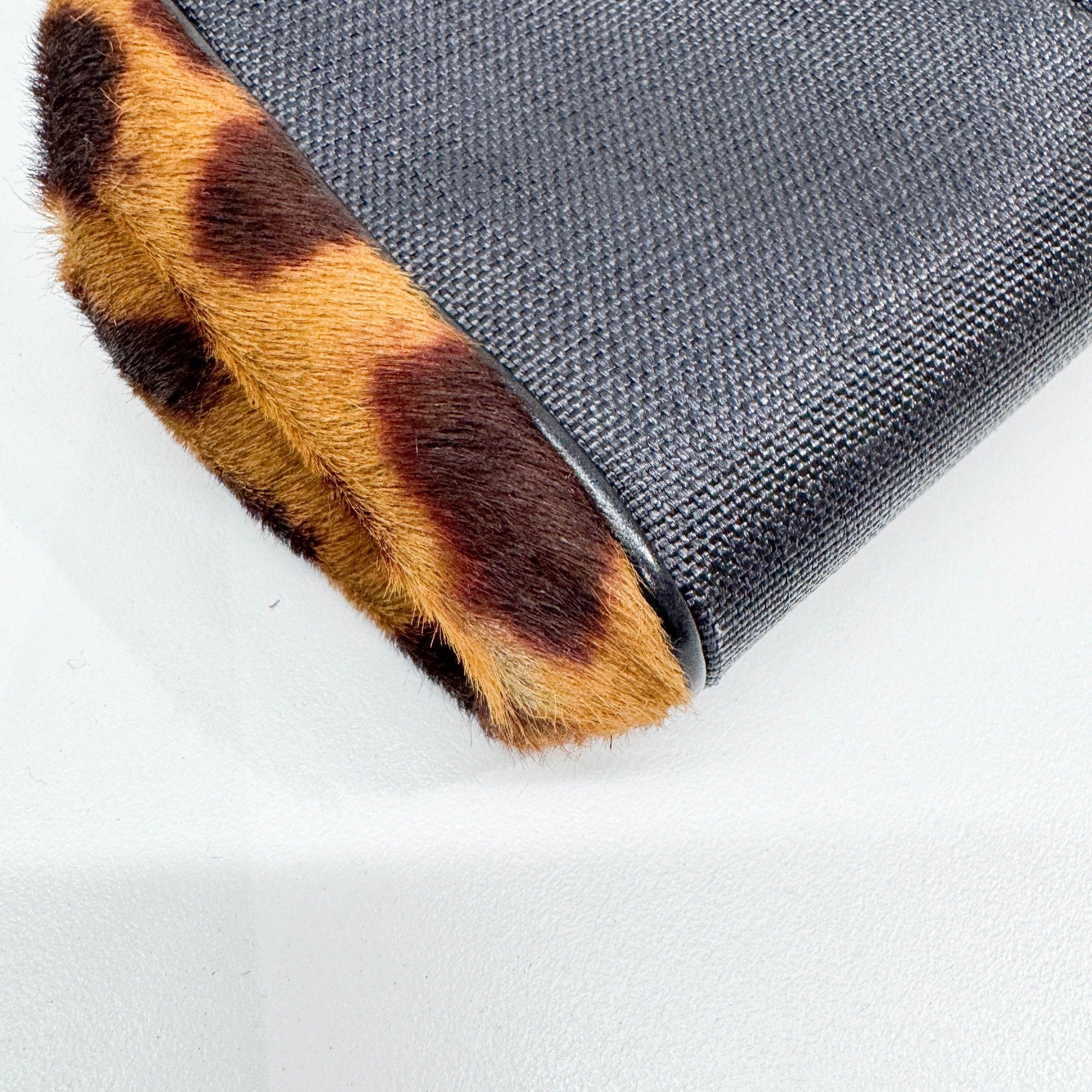 Black Leather Trim Brown Leopard Print Pony Hair Clutch Bag