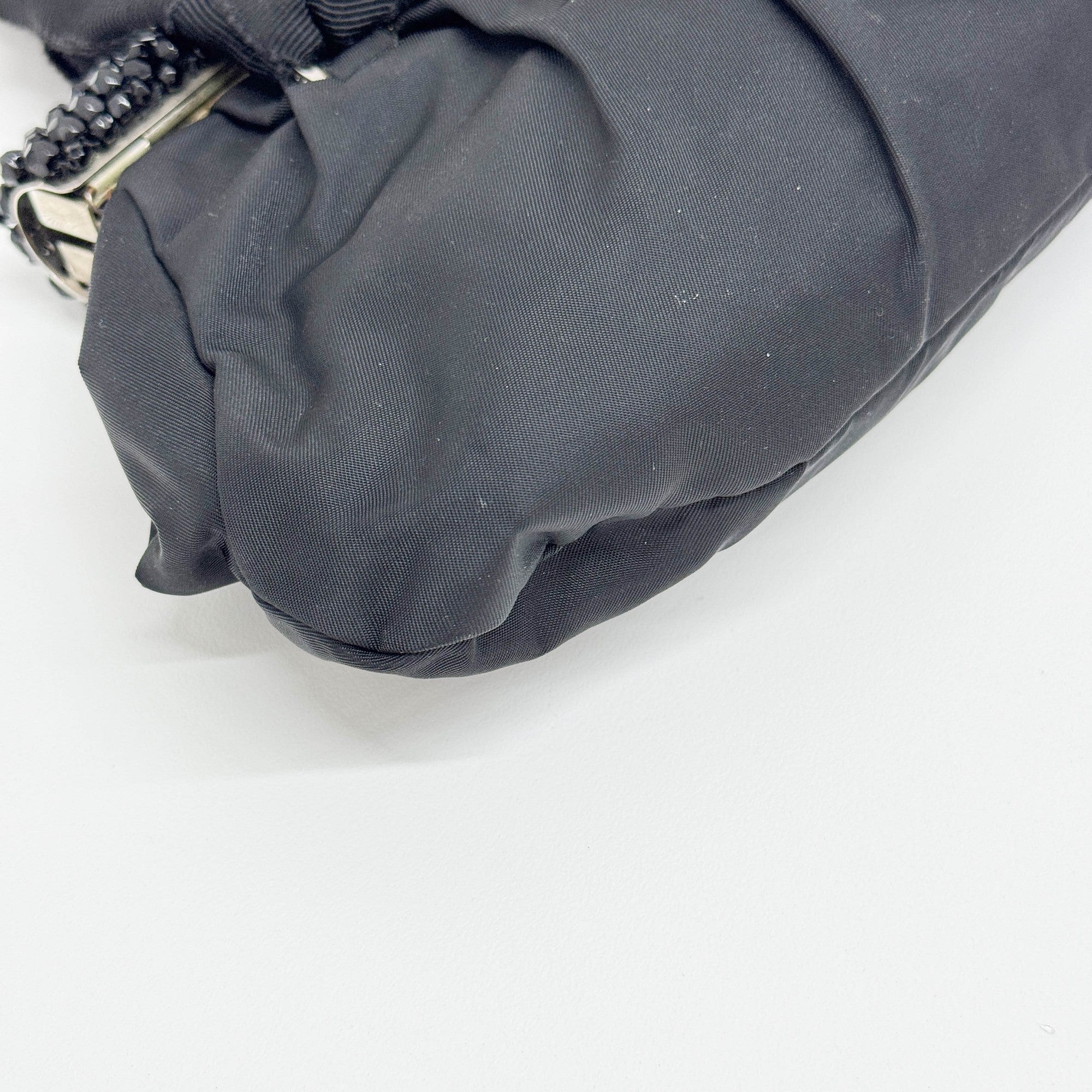 Beaded Clasp Black Nylon Hand Bag