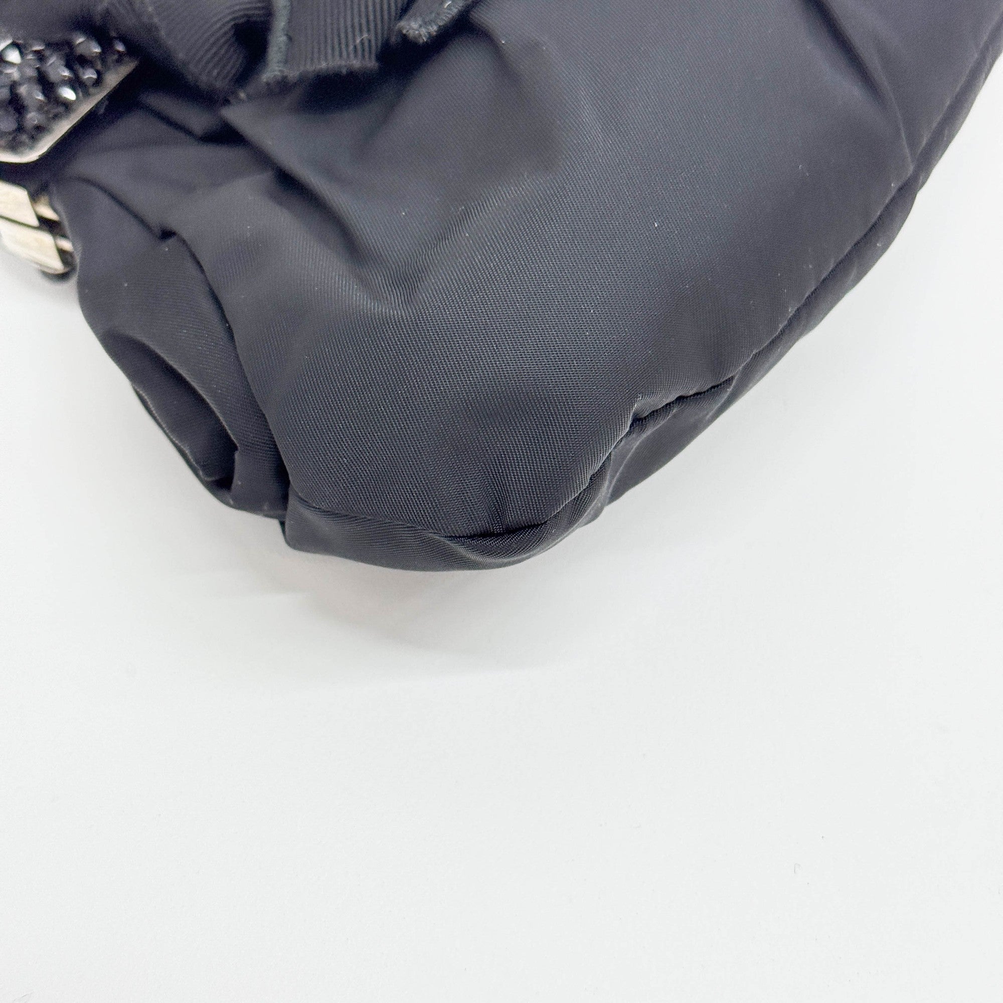 Beaded Clasp Black Nylon Hand Bag