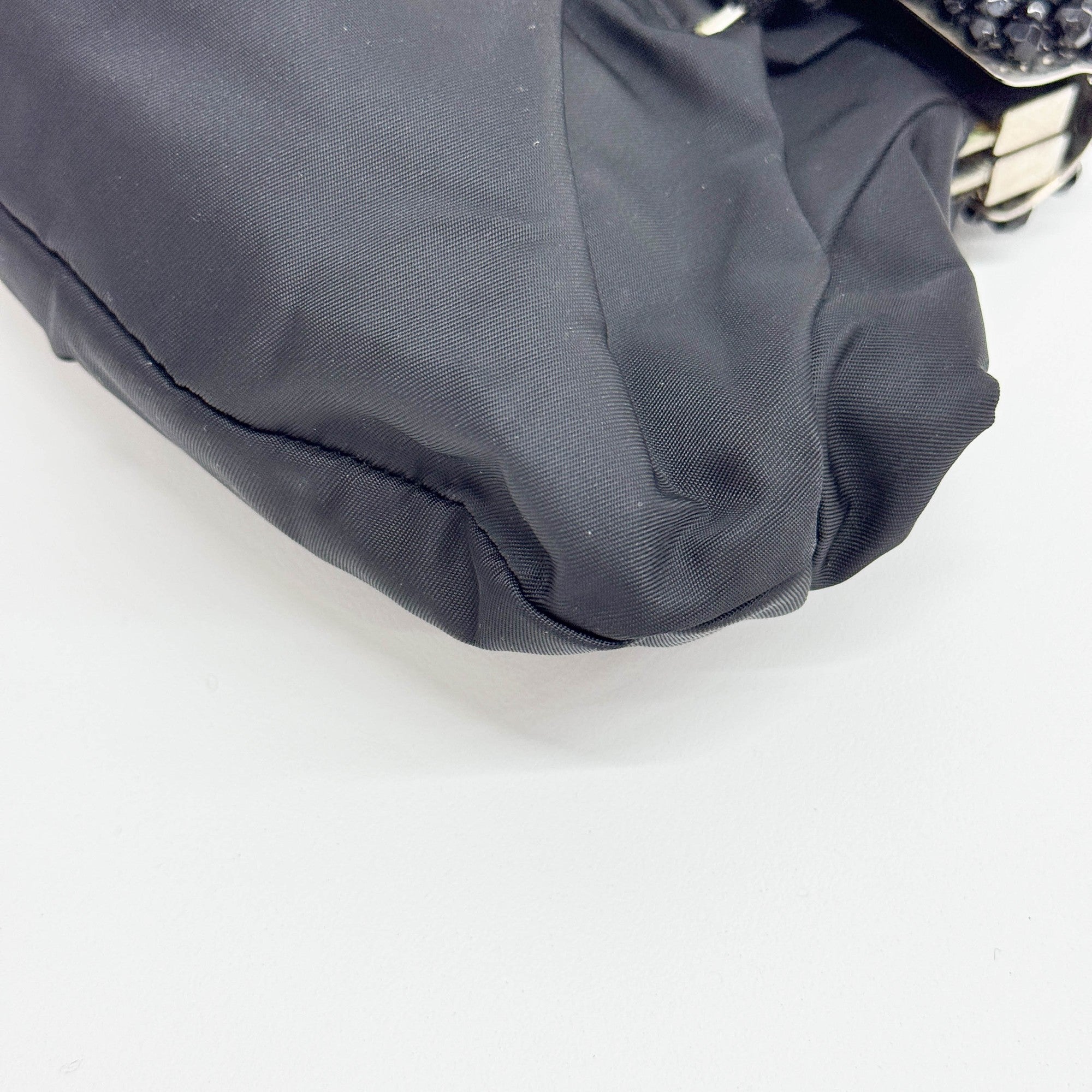 Beaded Clasp Black Nylon Hand Bag