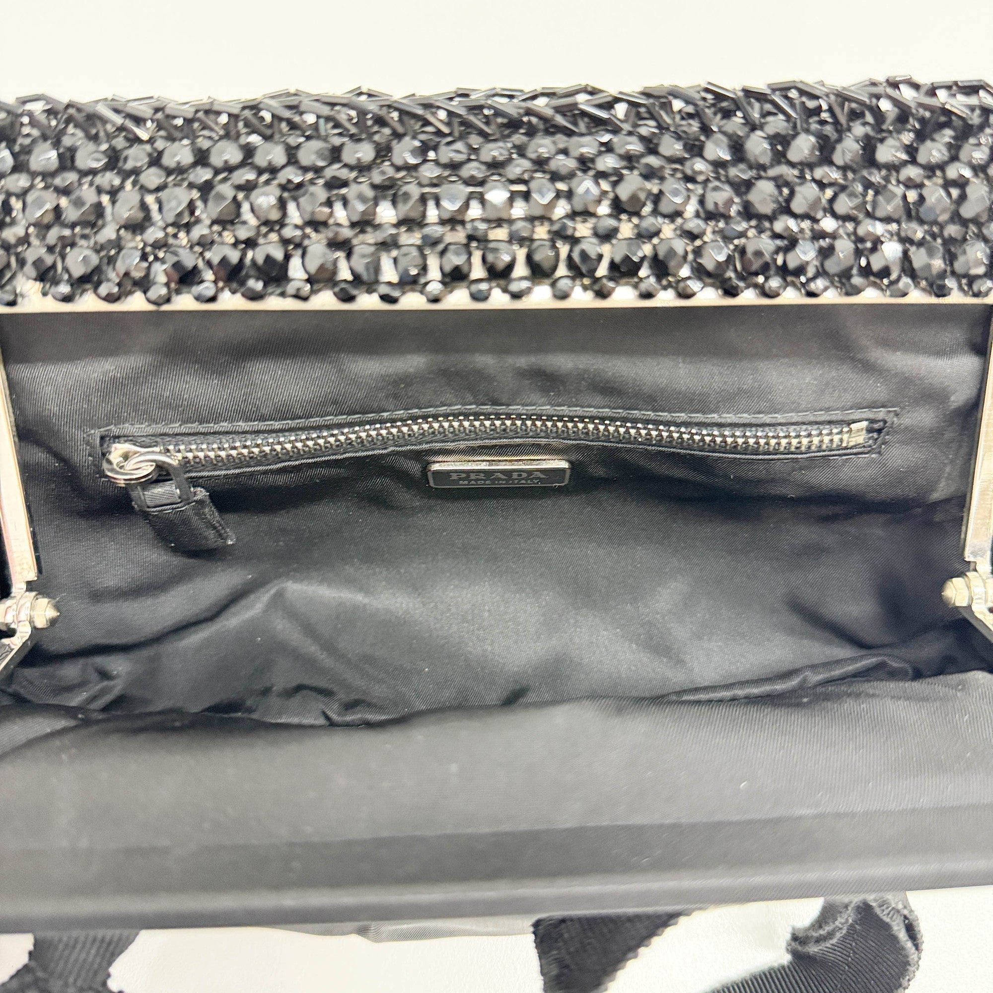 Beaded Clasp Black Nylon Hand Bag