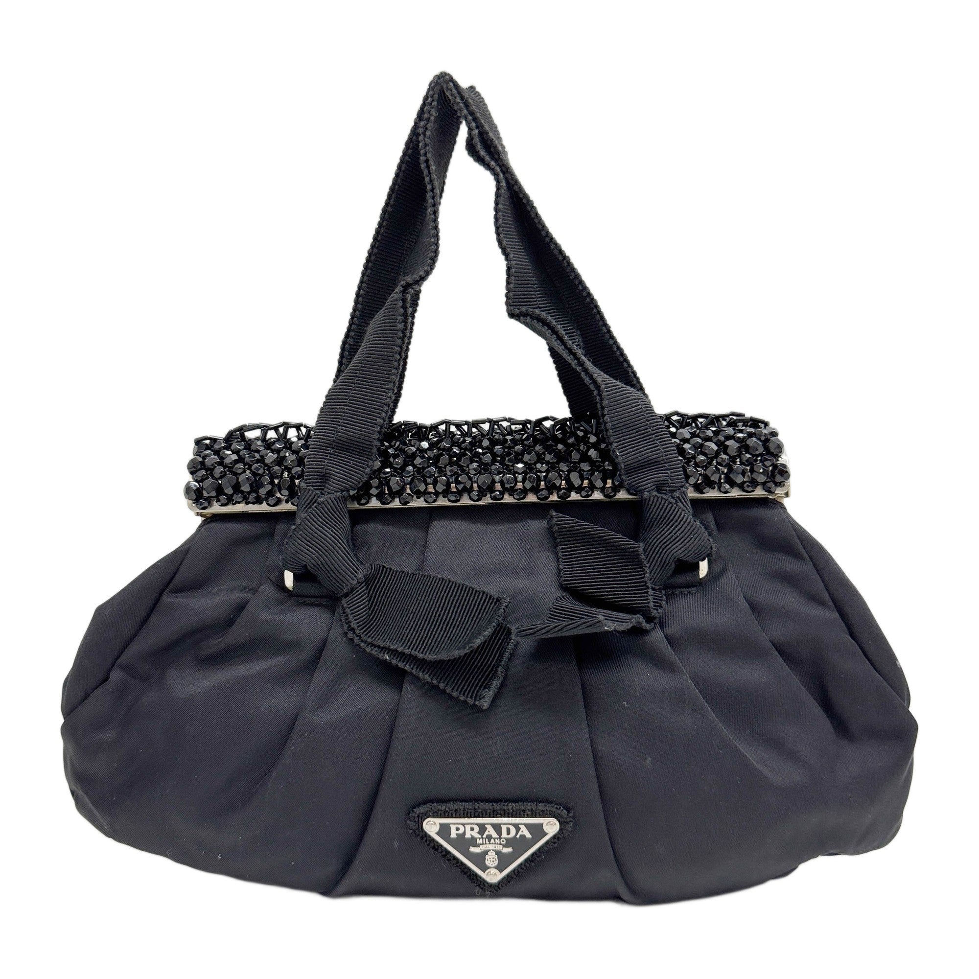 Beaded Clasp Black Nylon Hand Bag