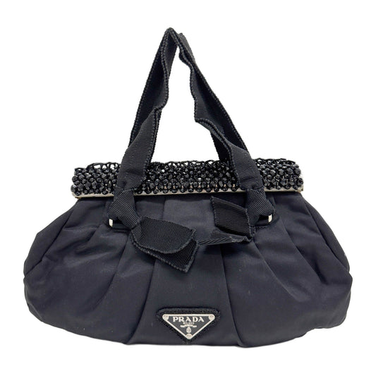 Beaded Clasp Black Nylon Hand Bag