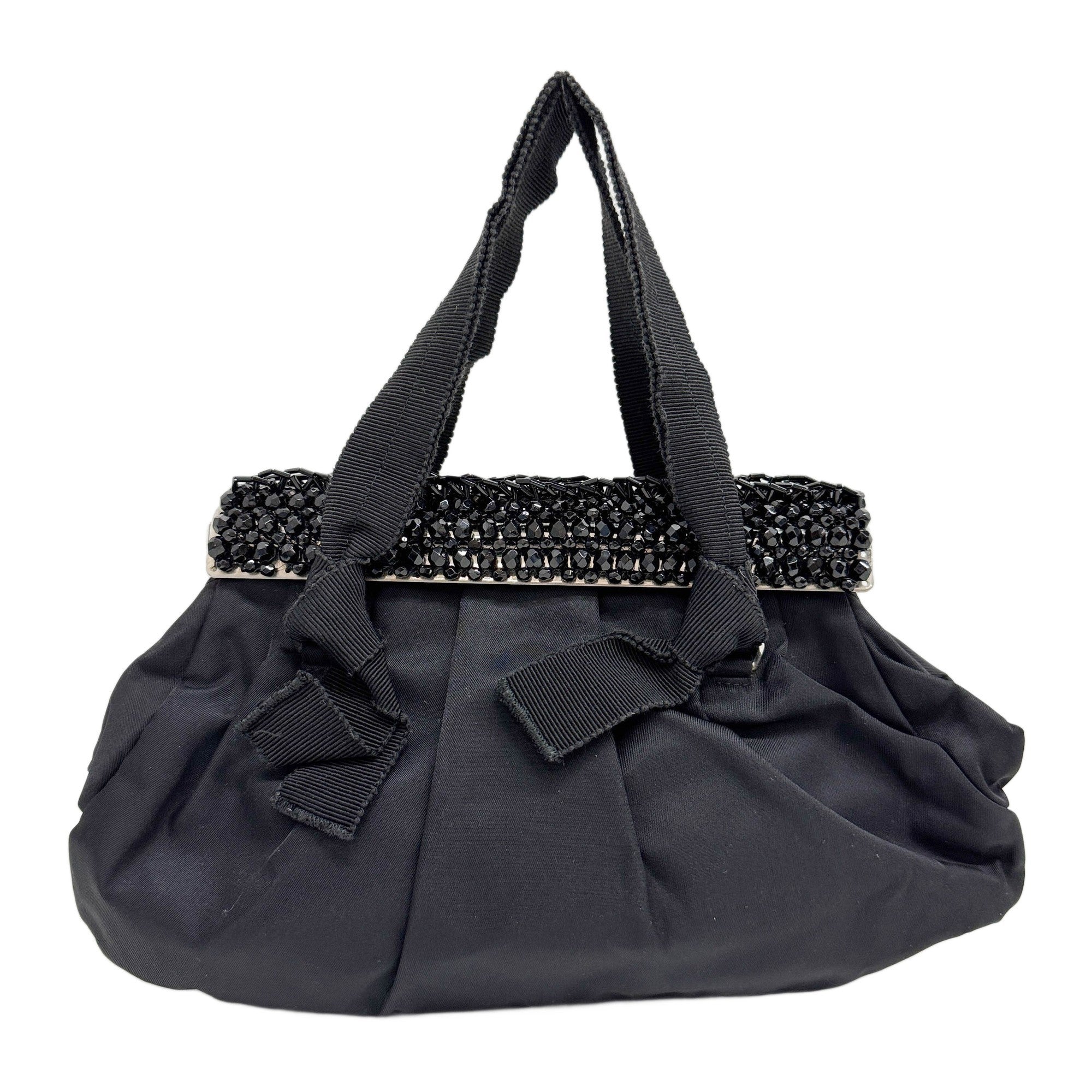 Beaded Clasp Black Nylon Hand Bag