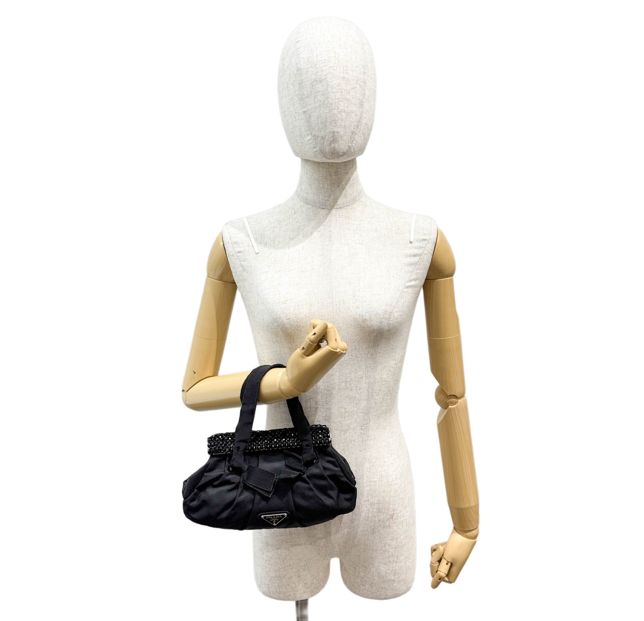 Beaded Clasp Black Nylon Hand Bag