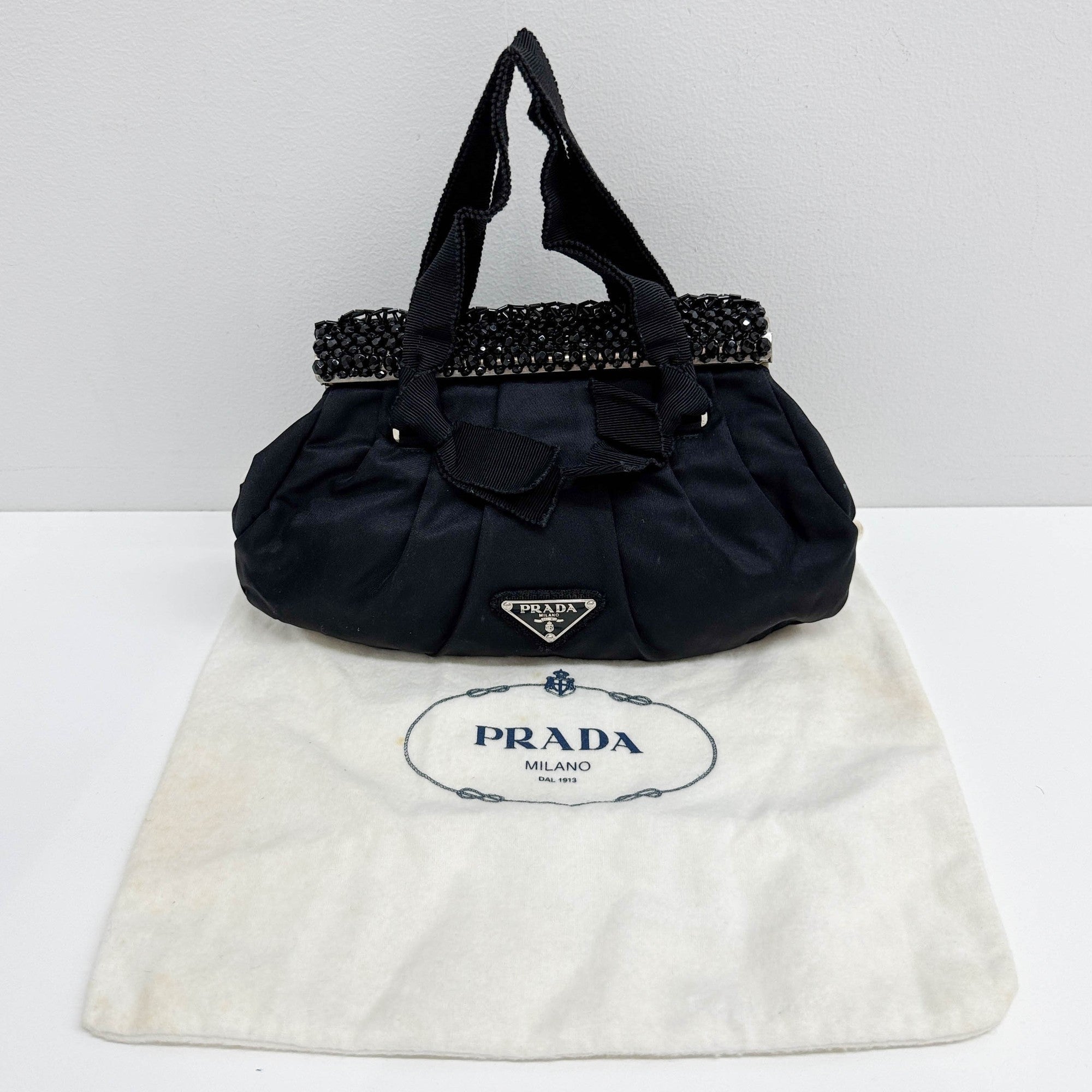 Beaded Clasp Black Nylon Hand Bag