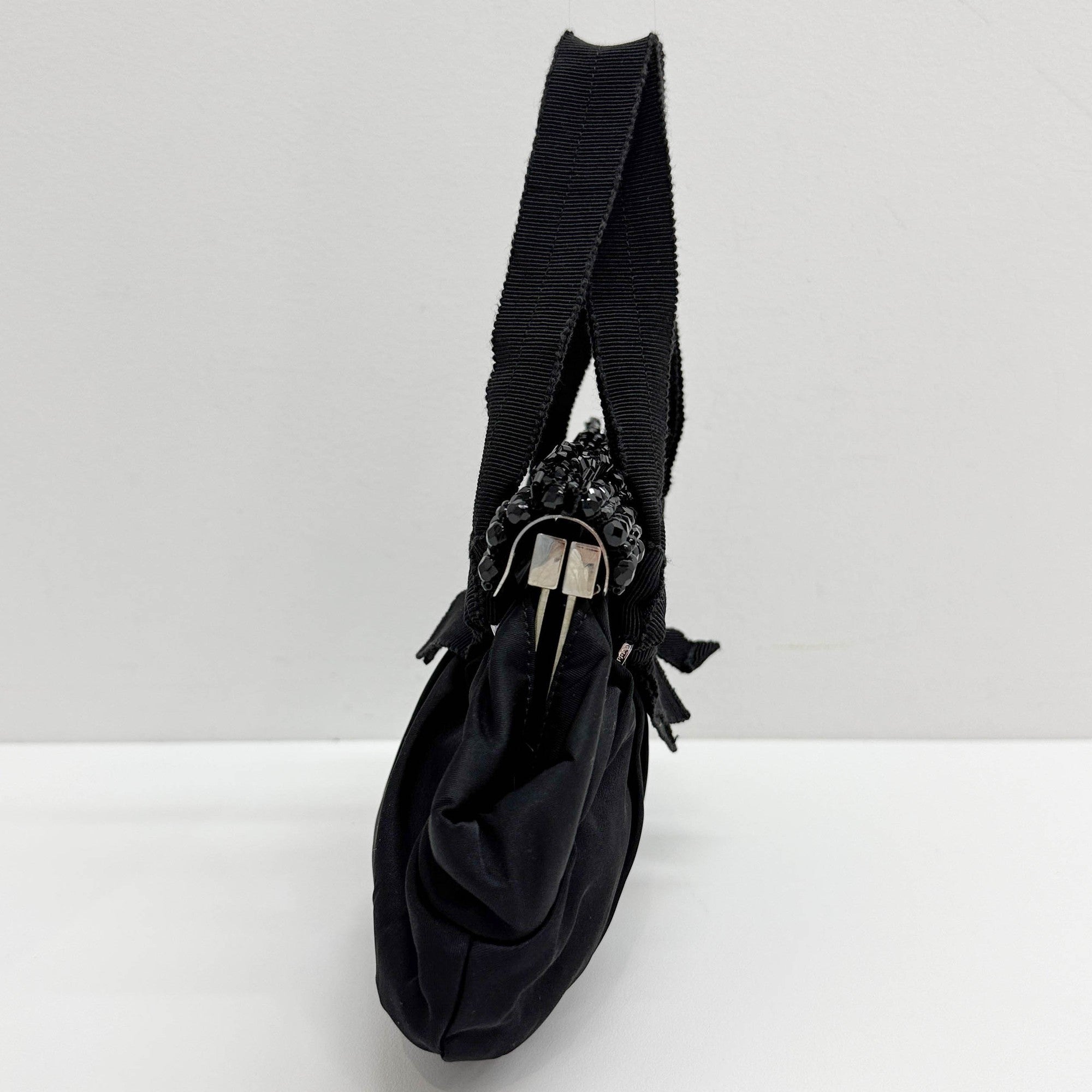 Beaded Clasp Black Nylon Hand Bag