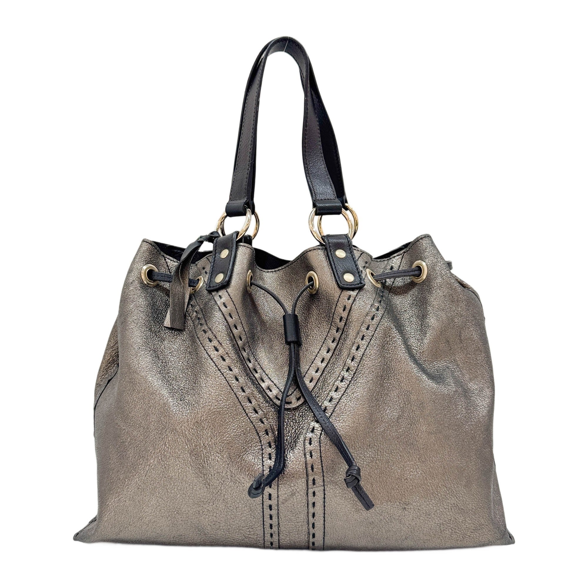 Reversible Drawstring Gold & Black Leather Tote Bag