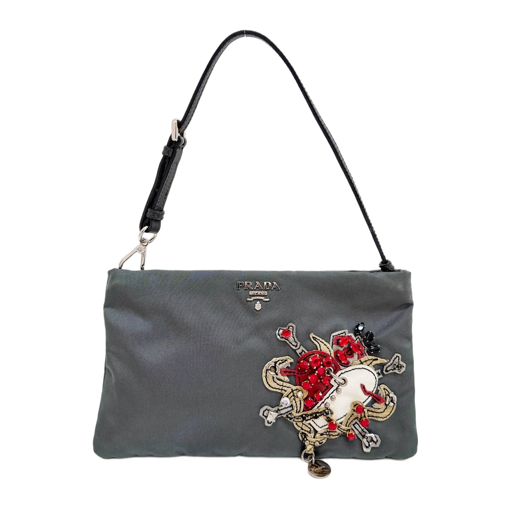 Bejeweled Heart Grey Nylon Hand Bag