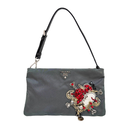 Bejeweled Heart Grey Nylon Hand Bag