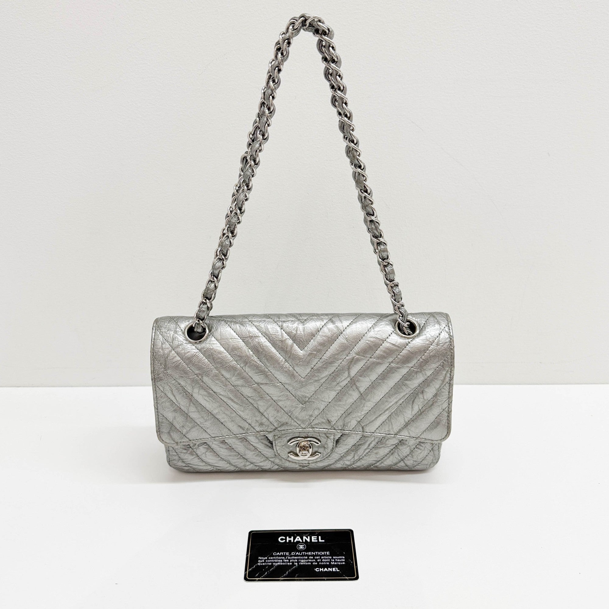 Classic Flap Silver Matelasse Shoulder Bag
